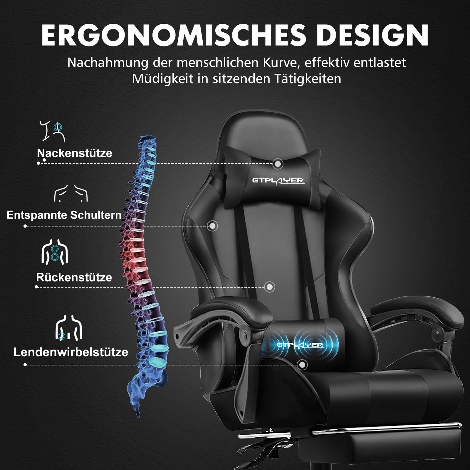 GTPLAYER Krzesło gamingowe, ergonomiczne krzesło biurowe, fotel gamingowy z podparciem okolic masażu, krzesła zadaniowe z podnóżkiem i zagłówkiem, kolor czarny, sztuczna skóra