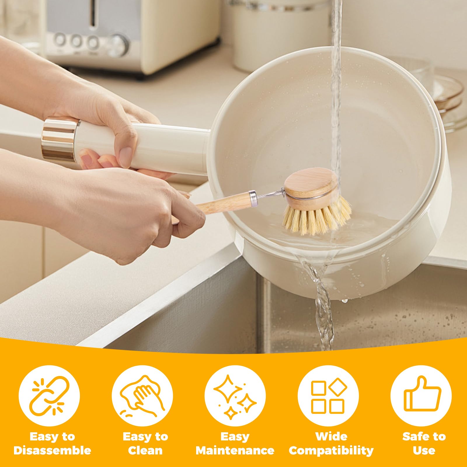 Lot de 5 brosses à vaisselle en bambou, poils en fibre de sisal, ergonomiques et multifonctionnels pour le nettoyage de la cuisine, des casseroles, des poêles, des plats