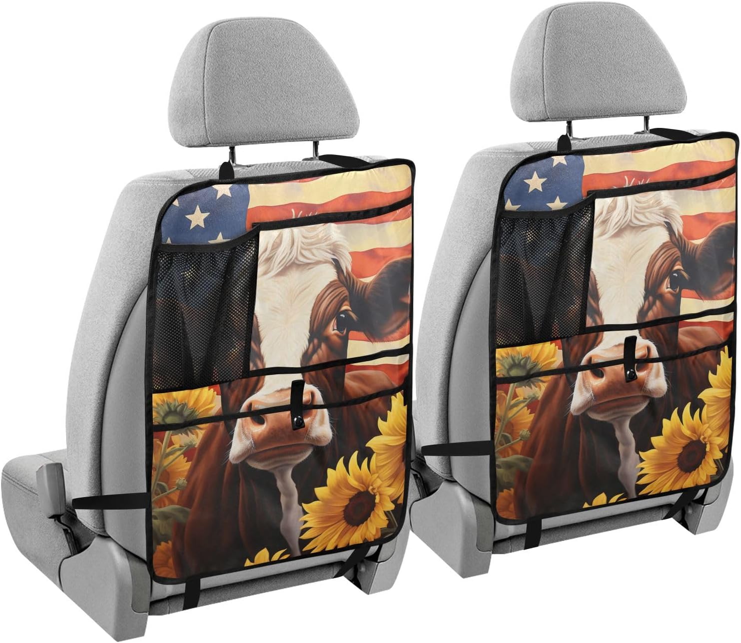 Car Seat Back Protector American Cow Print, Backseat Organizer with Pockets for Tablet Bottle Tissue Book, Auto Kick Mats 25x18 IN 2 Pack