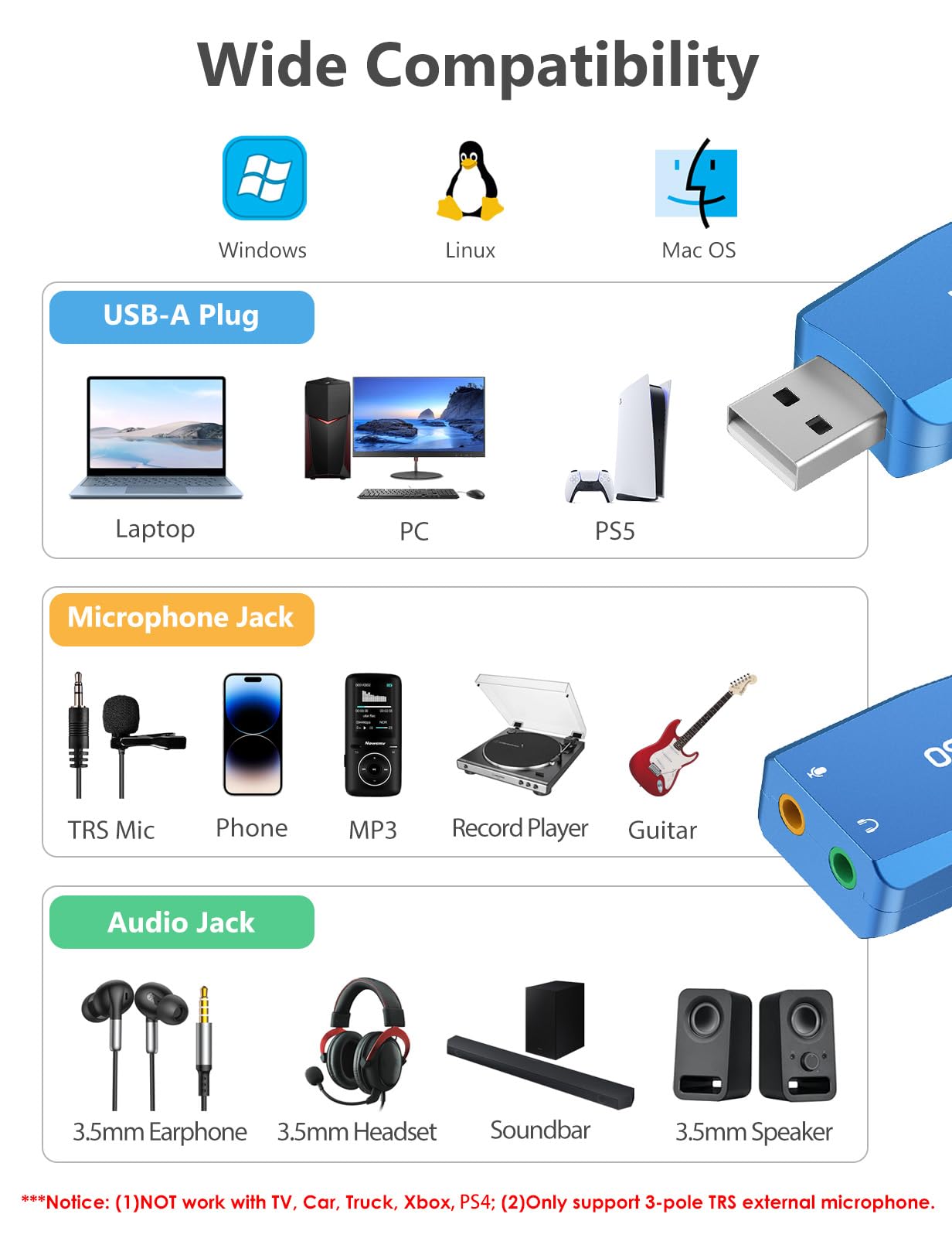 Tarjeta de sonido USB externa con función de grabación interna, adaptador USB portátil a conector de audio de 0.138 in para PC, computadora, grabación, entrenamiento, transmisión, podcasting, 4