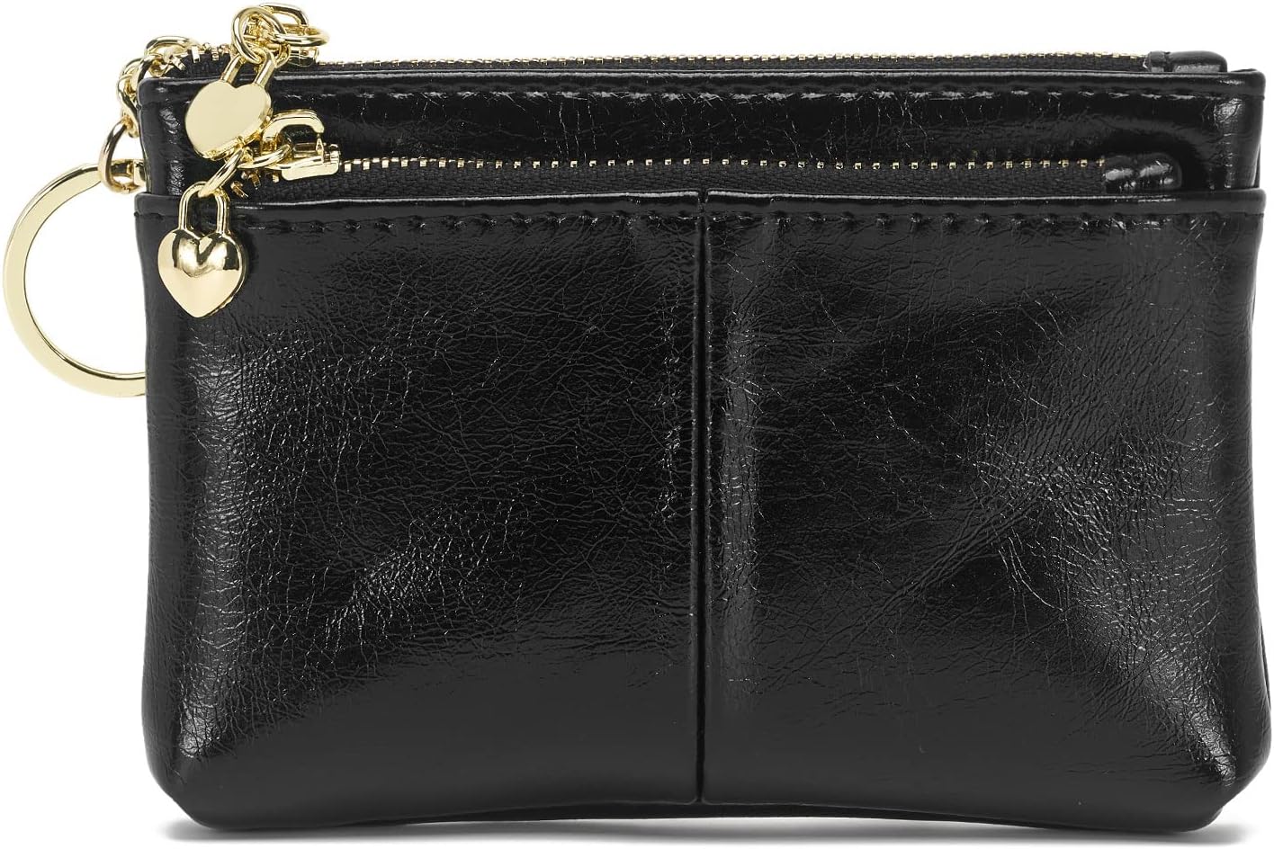 Women PU Leather Zip Mini Coin Purse With Key Ring Triple Zipper Card Holder Wallet(Black)