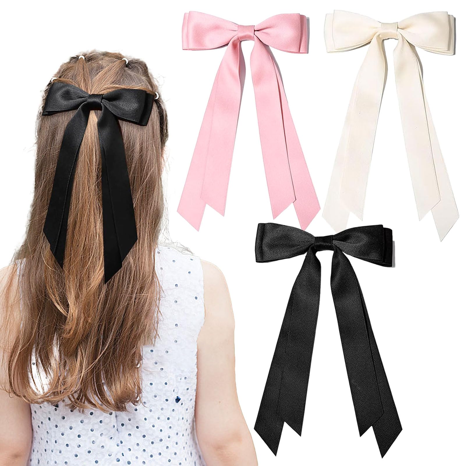 BAISEN 3PCS Hair Bows Hair Clip Beige Pink Black Hair Ribbon Accessories Silky Satin Cute Bow Hair Clips for Women Girls Toddlers Teens Kids (Beige