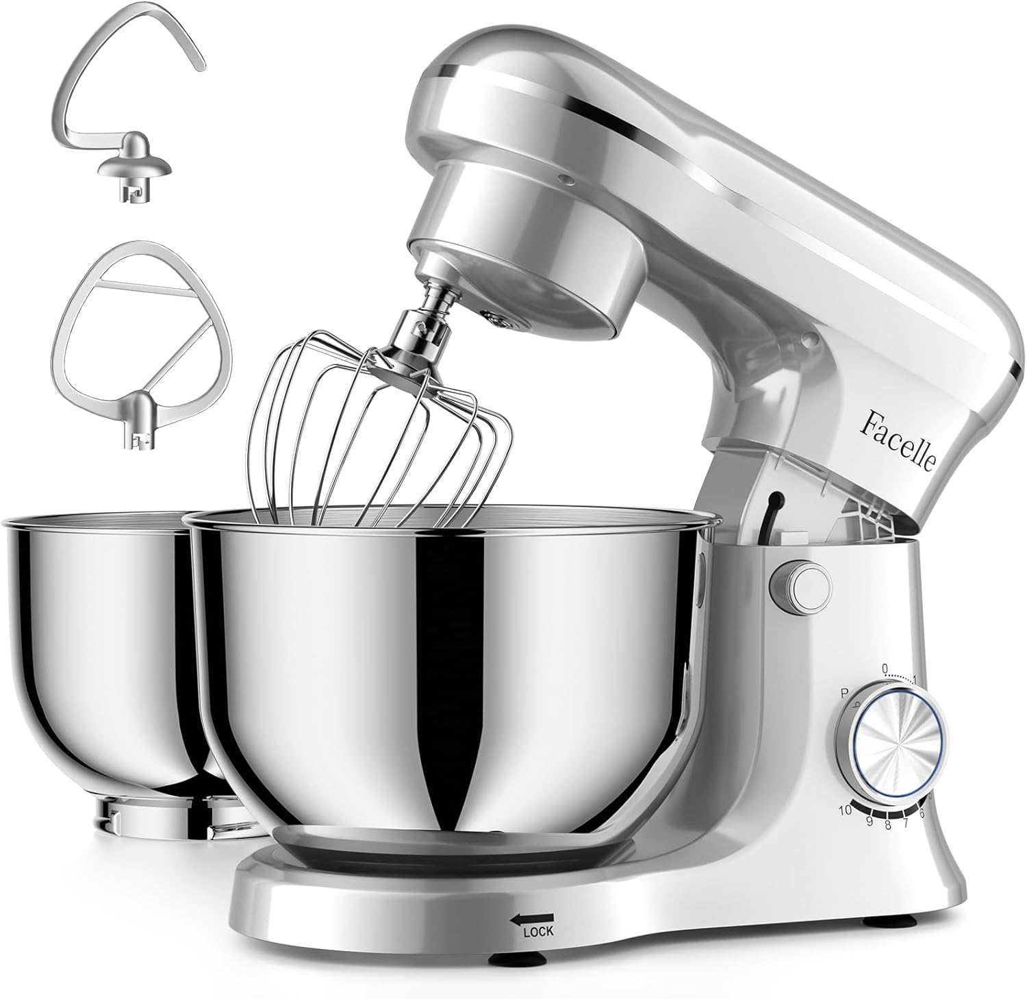 Facelle Tilt-Head Stand Mixer, 5QT+6QT Stainless Steel Two Bowls, 10 Speeds Kitchen Electric Food Mixer with Egg Whisk, Dough Hook, Beater, Dishwasher-Safe Attachment, Ideal Gift for Mom Silver