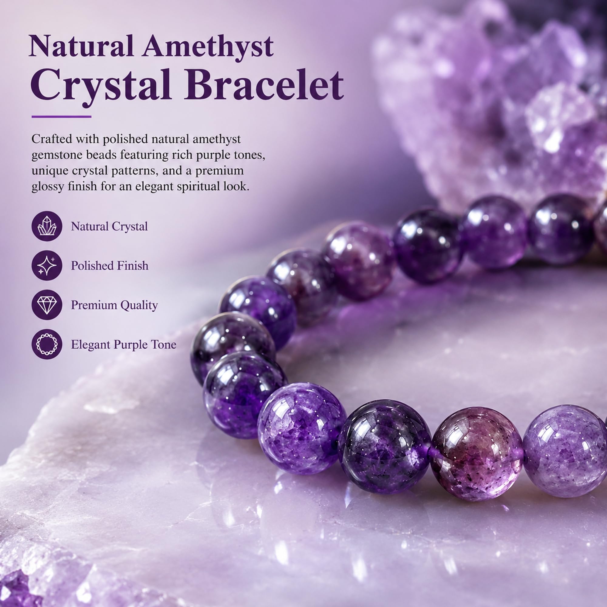 Serein Amethyst Bracelet Round 8mm Beaded Healing Crystal Stone Adjustable Authenticate Bracelets for Calmness, Stress Relief, Emotional Balance, Spiritual Awareness, Intuition, Focus for Men & Women 3
