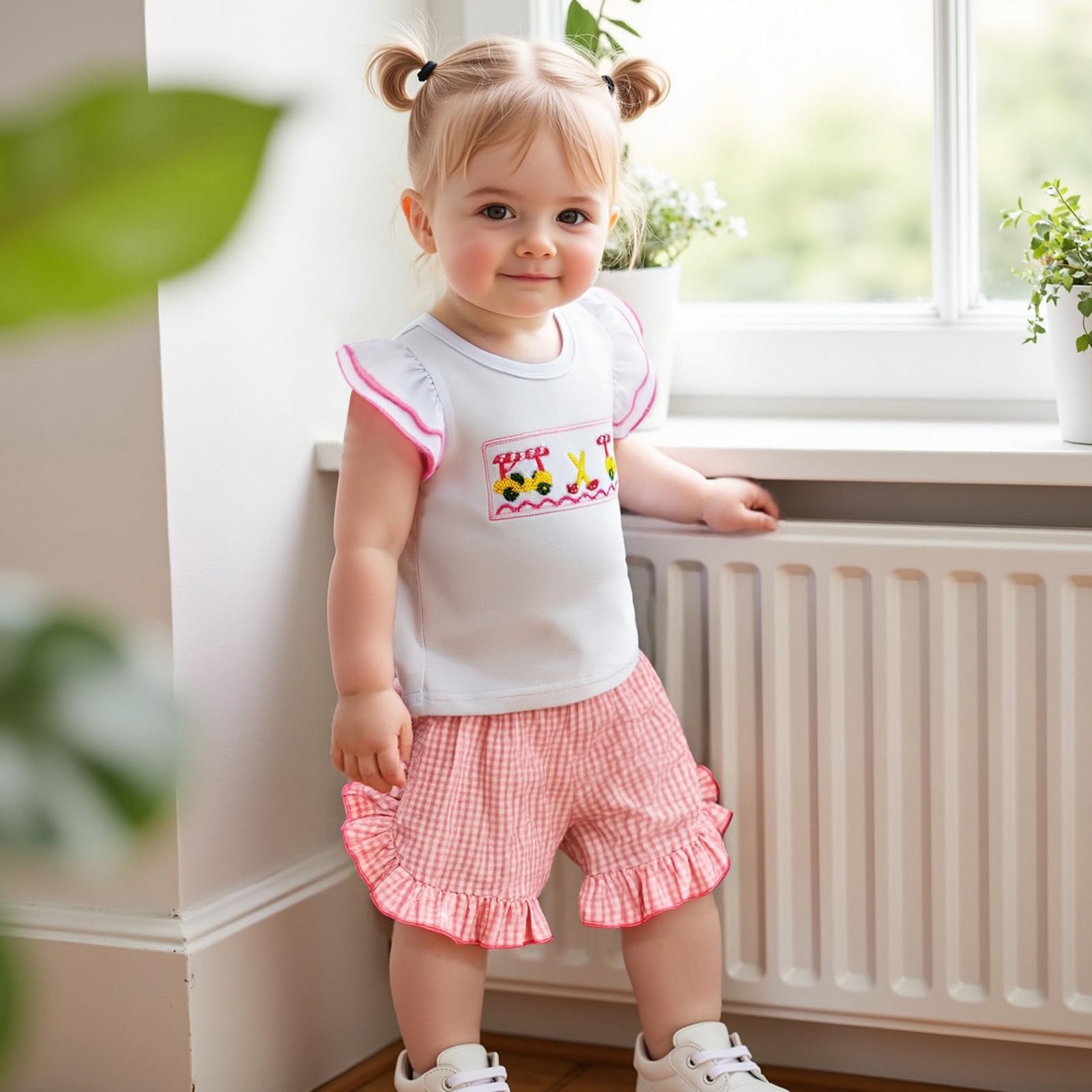 Doqcey Toddler Baby Girl Summer Outfits Golf Cart Embroidery Ruffle Sleeve T Shirt Plaid Casual Shorts Set Golfing Clothes (Pink, 0-6 Months)