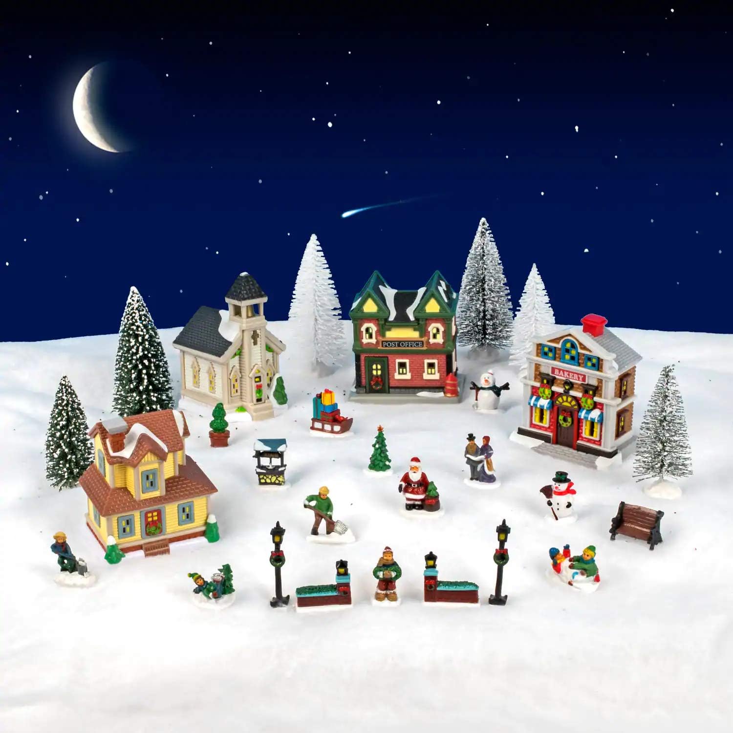 Charmed By Dragons Christmas Village Collection with Houses Figurines Trees and Snowy White Glitter Cotton Drape (29 Piece Set)