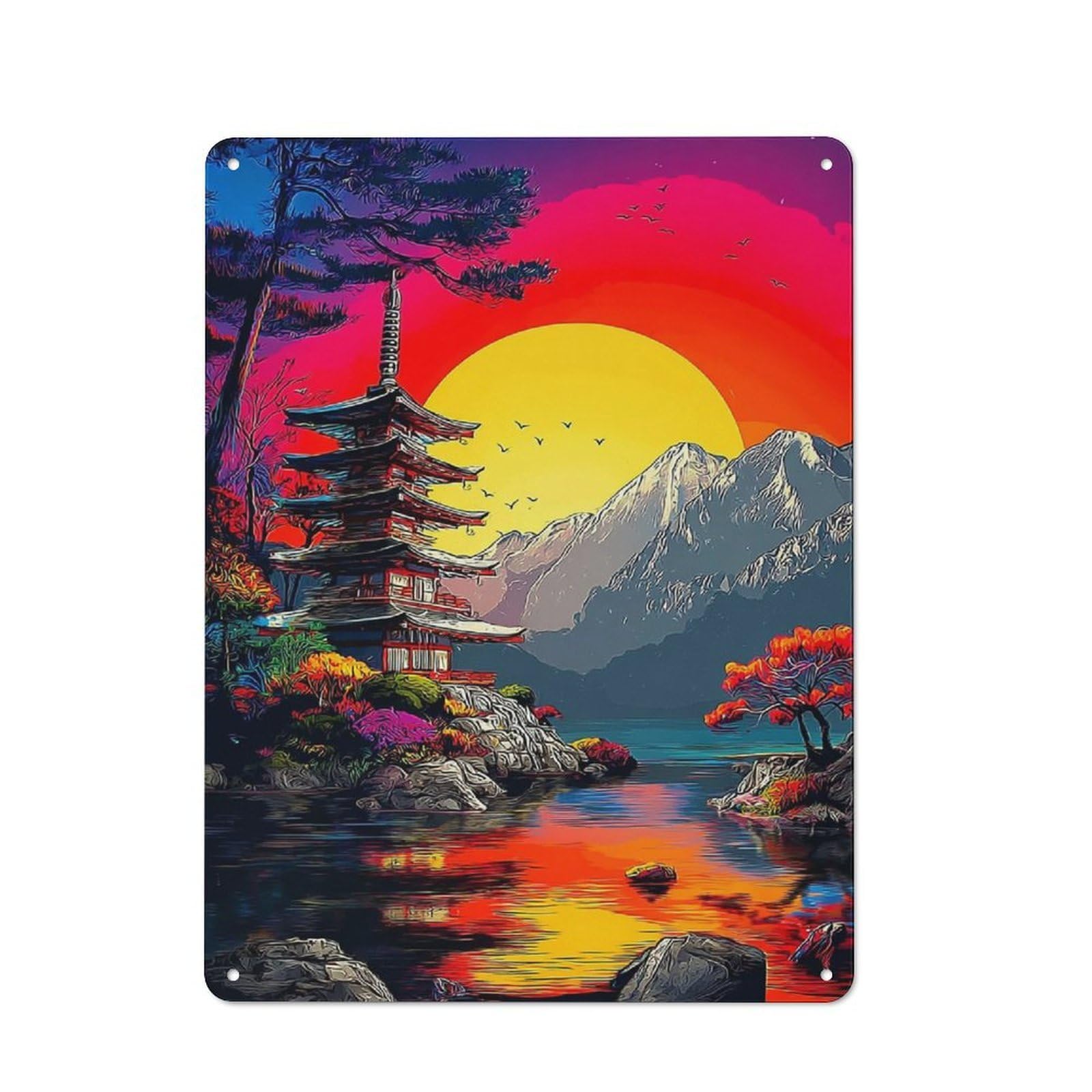 Junmoney Japanese Pagoda Sunset Landscape Metal Wall Sign 40X30cm Featuring For Garage Or Workshop, For Vintage Wall Decor Fans, For Metal Sign Collectors