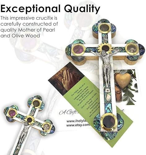 Miniatura 7 de Olive Wood Catholic Wall Hanging Crucifix Covered with Mother of Pearl, Decorative Wooden Wall Cross with Relics from the Holy Land, Cross Gift for