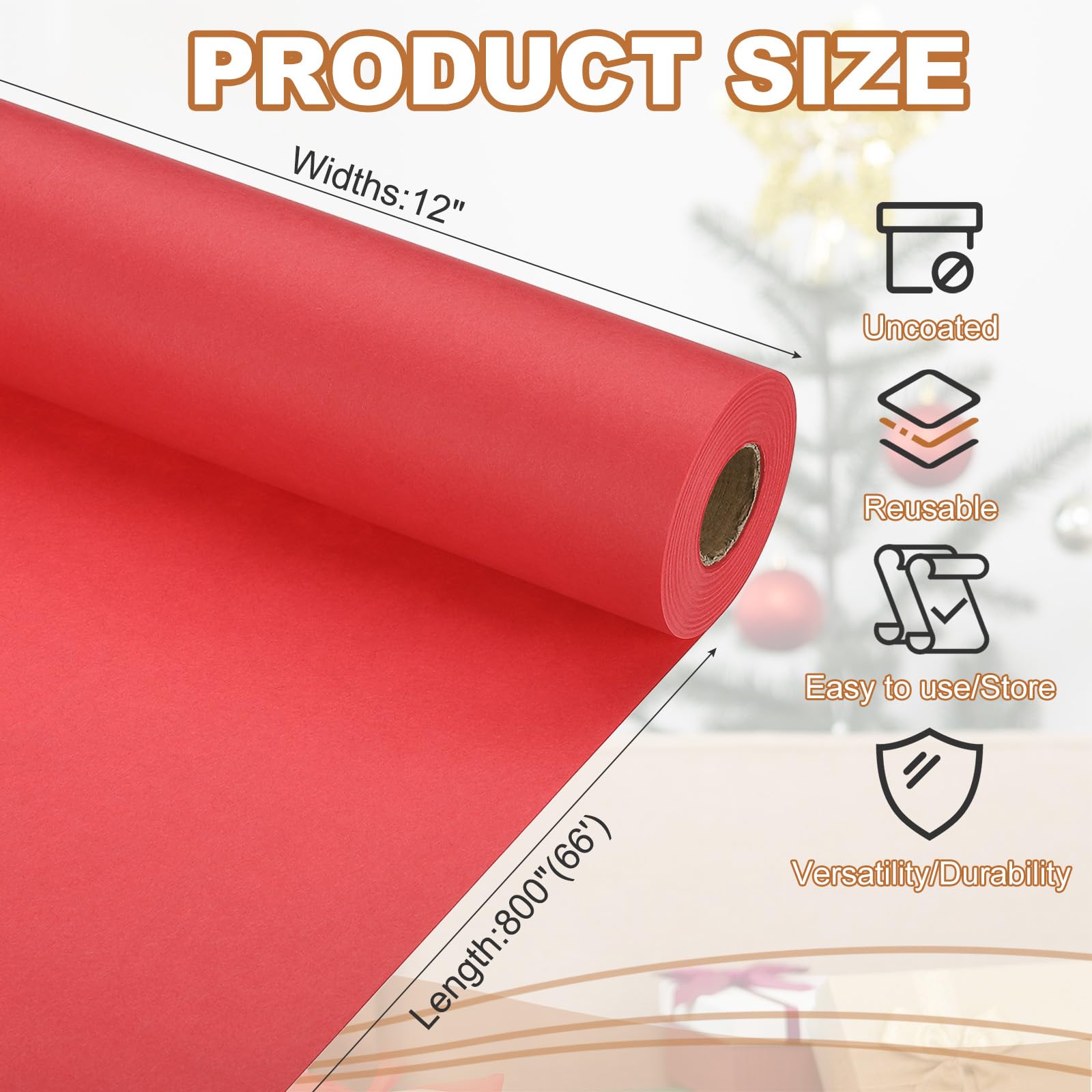 PATIKIL Wrapping Paper, 12" x 800"(66') 70 GSM Craft Paper Roll Kraft Packing Paper for Poster Bulletin Board Gift Wrapping, Bright Red - Image 2