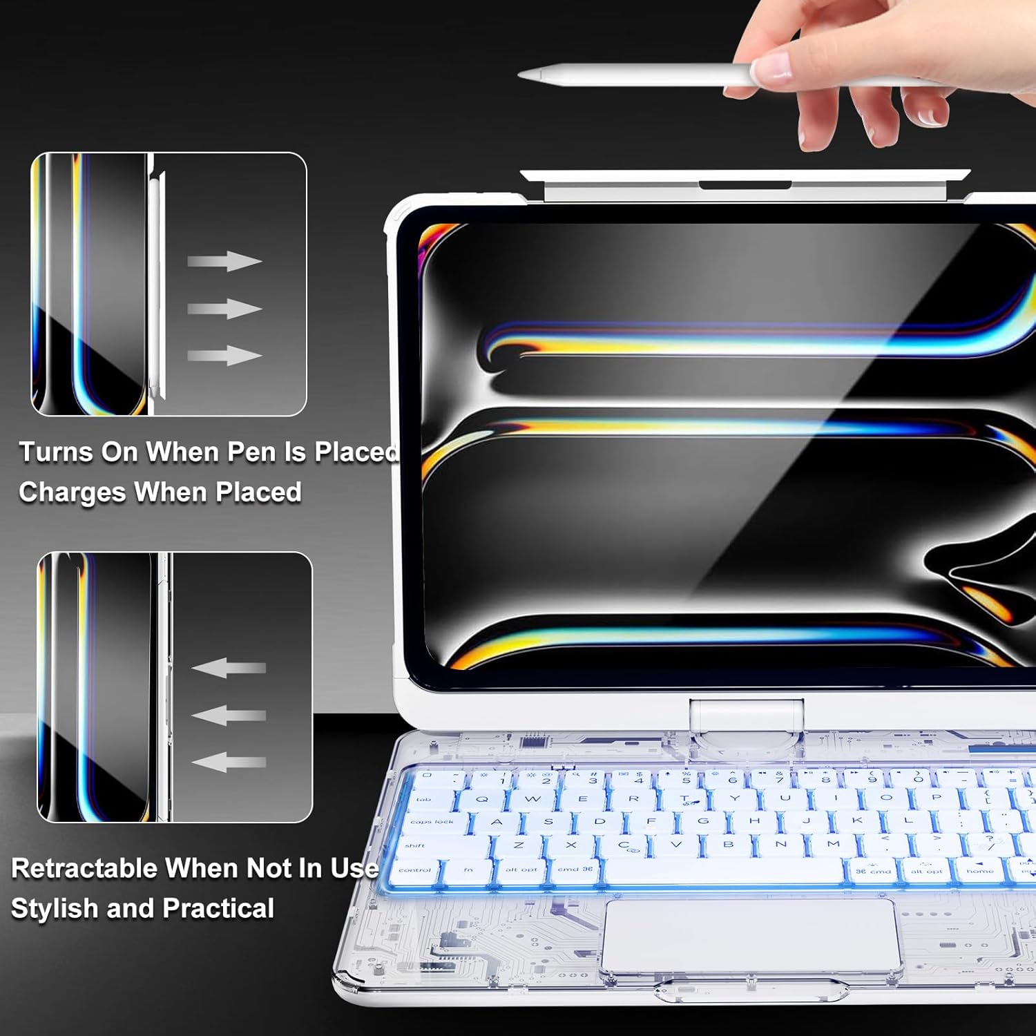 Transparent Keyboard Case for iPad Air 11in(M4/M3/M2,2026/2025/2024),10.9in Air4/5th,Pro 11in(4th/3th/2th/1th),360°Rotating,7-Color Backlit Wireless Keyboard with Touchpad,Pencil Holder,White