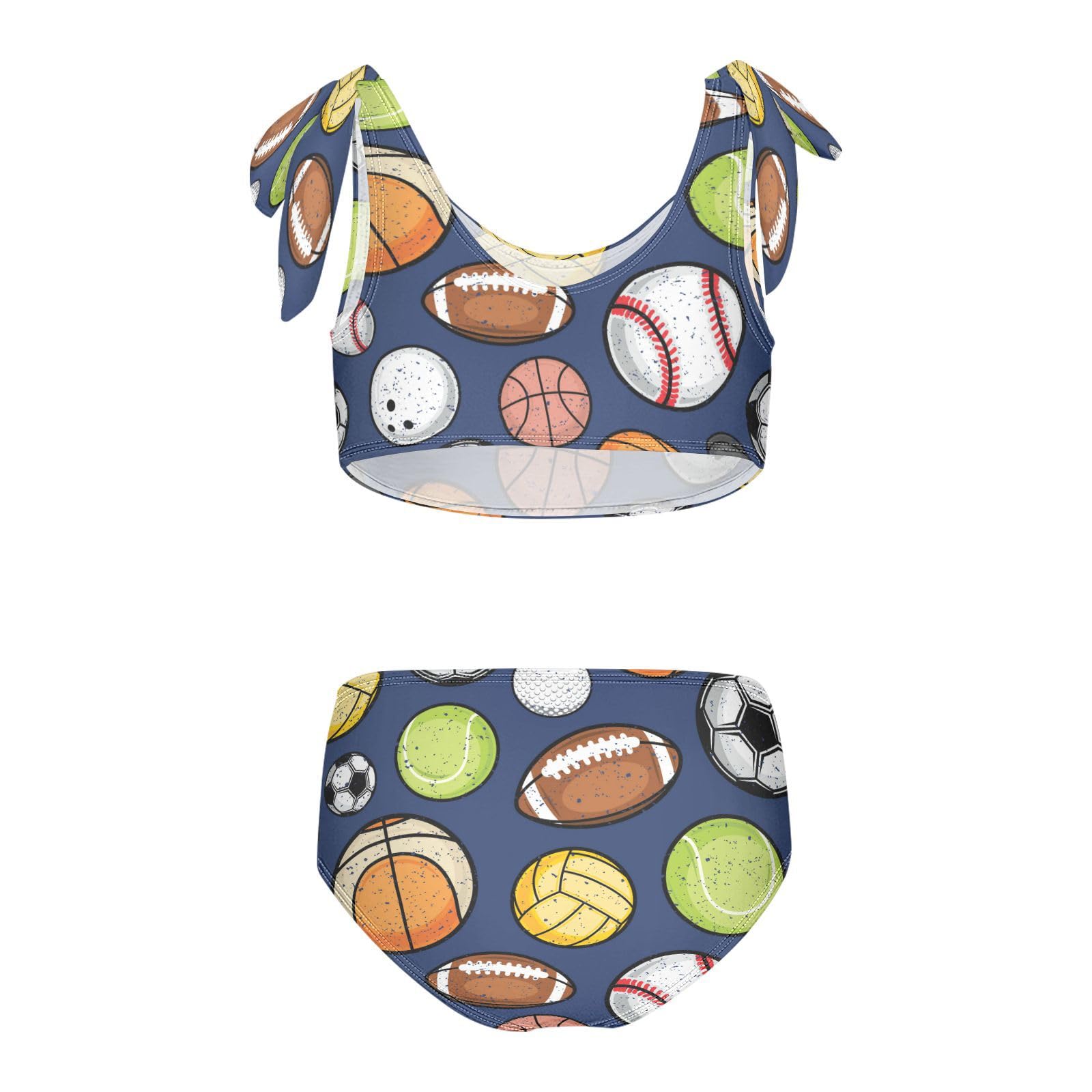Retro Sport Balls Girls Swimsuits 2 Piece Baseball Football Swimwear Bikini Set Bathing Suit for Girl Kids 11-12T Multicolor