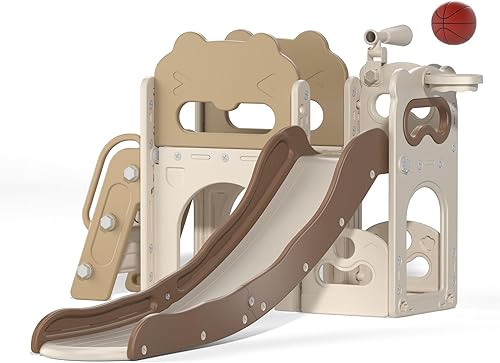 Miniatura 6 de Juego de tobogán y escalador 8 en 1 para niños, juego de tobogán para niños con telescopio de juego de baloncesto, parque infantil para interiores y