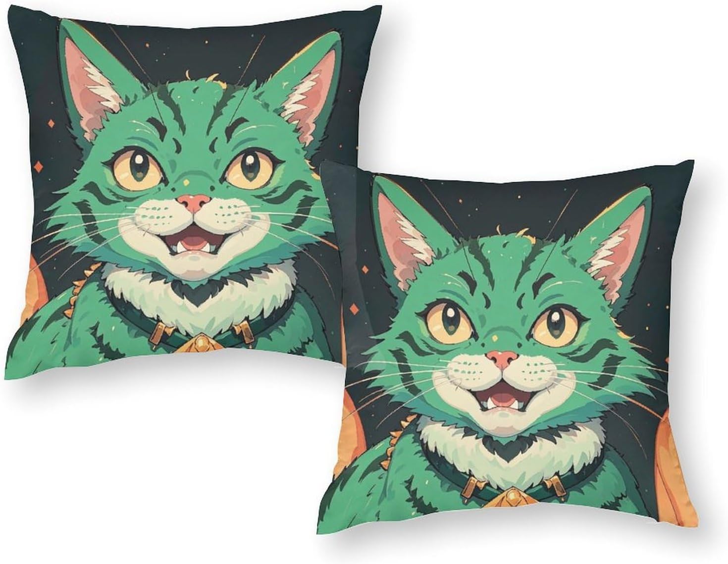 Throw Pillow Covers Set of 2 12"x12" Anime Green Cat Pillow Covers Decorative Square Pillowcases Soft Cozy Cushion Cases for Couch Bed Bedroom Living Room Office image 2