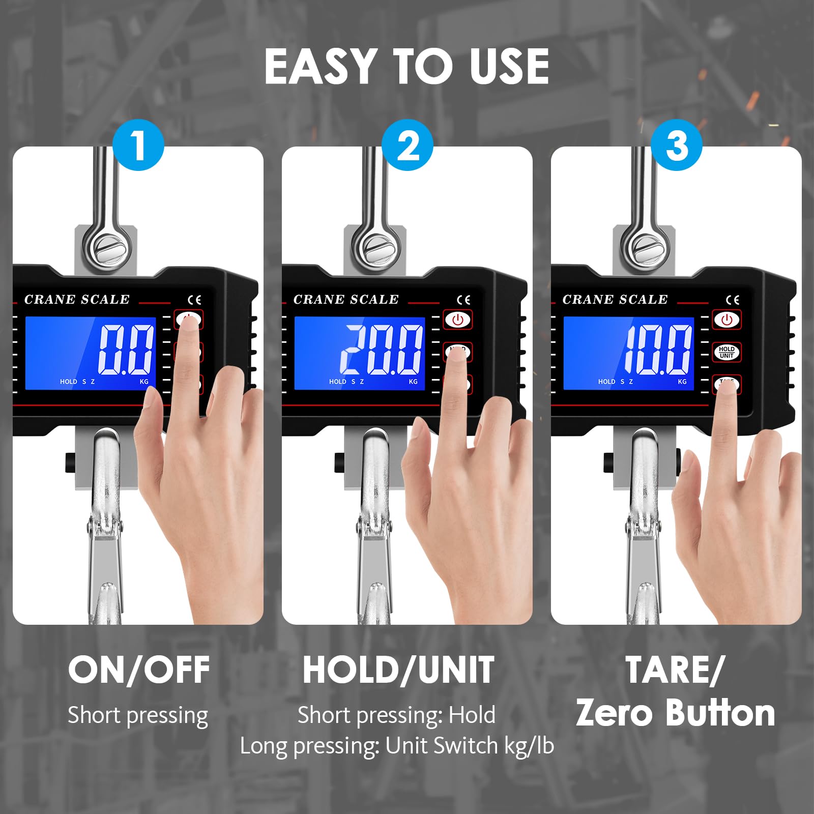 Digitale Kranwaage 2200 Lbs 1000KG LCD Hochpräziser Sensor Datenhalte Tara Einheitenumschaltung