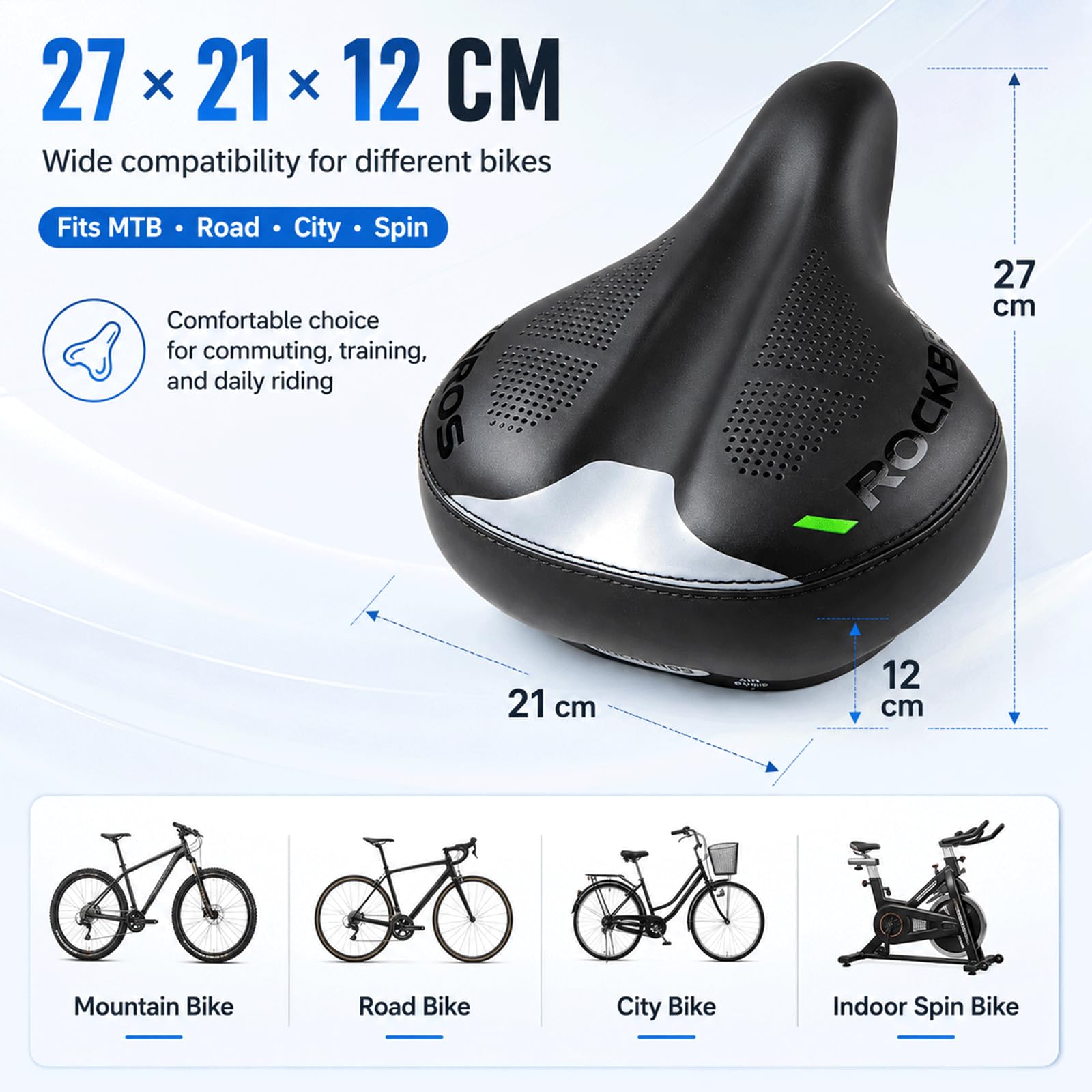 ROCKBROS Selle de Vélo Gonflable Ultra Confortable, Large Coussin à Pression d'air Réglable, PU Respirant Amorti Ergonomique Anti-Choc, Bande Réfléchissante, Compatible VTT Ville et Électrique