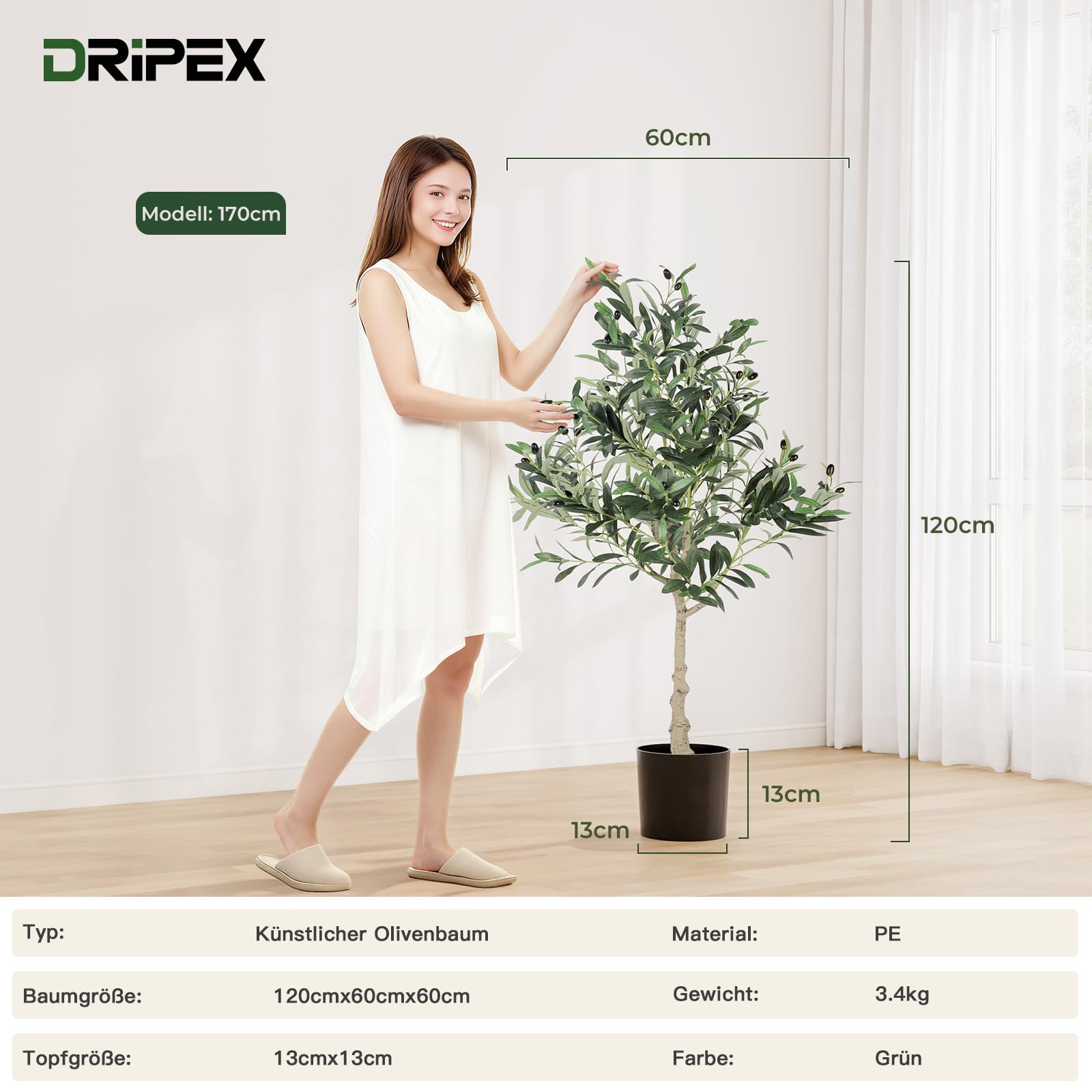 Dripex Árbol de olivo artificial de 120 cm, plantas artificiales grandes de olivo en maceta, decoración para casa, salón, dormitorio, oficina, jardín