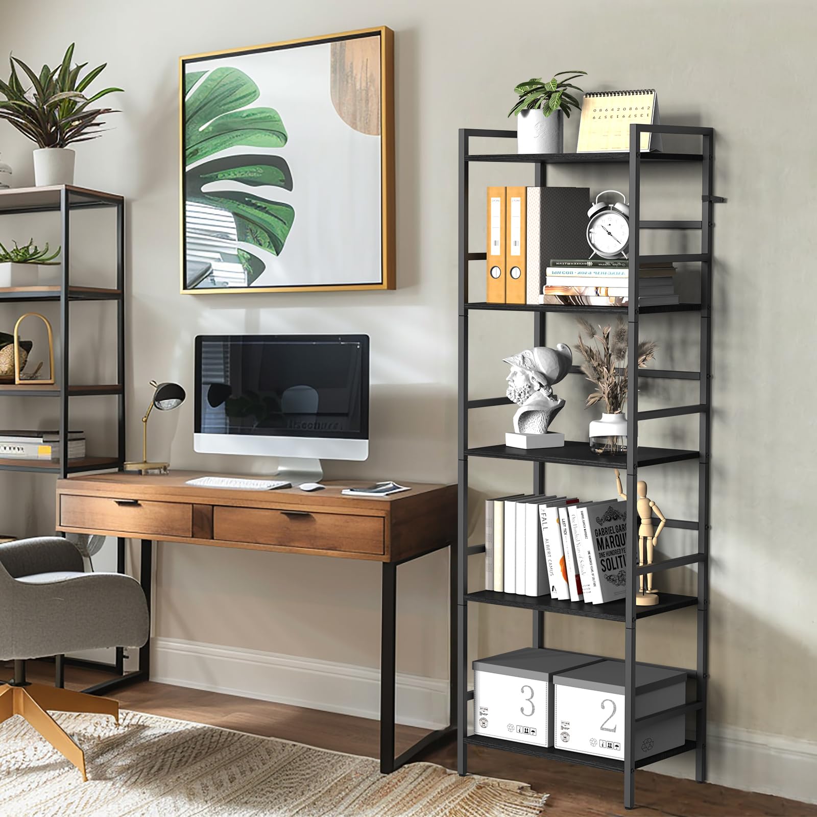 CADUKE Estantería de 5 Niveles, Gran Librero Negro con Almacenamiento Abierto, Estructura de Madera y Metal, Estante de Estilo Industrial para Sala, Dormitorio, Oficina, 43 x 28 x 134 cm
