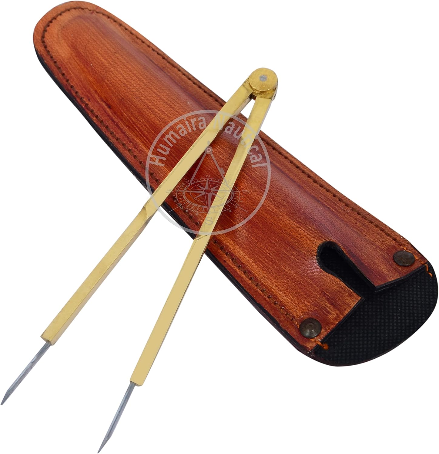 Humaira Nautical Vintage Navigation Straight Pattern Artist Divider Solid Brass Drawing Tool Professional 6” Long Solid Brass with Heavy Duty Steel Point with Leather Case with Stainless tip