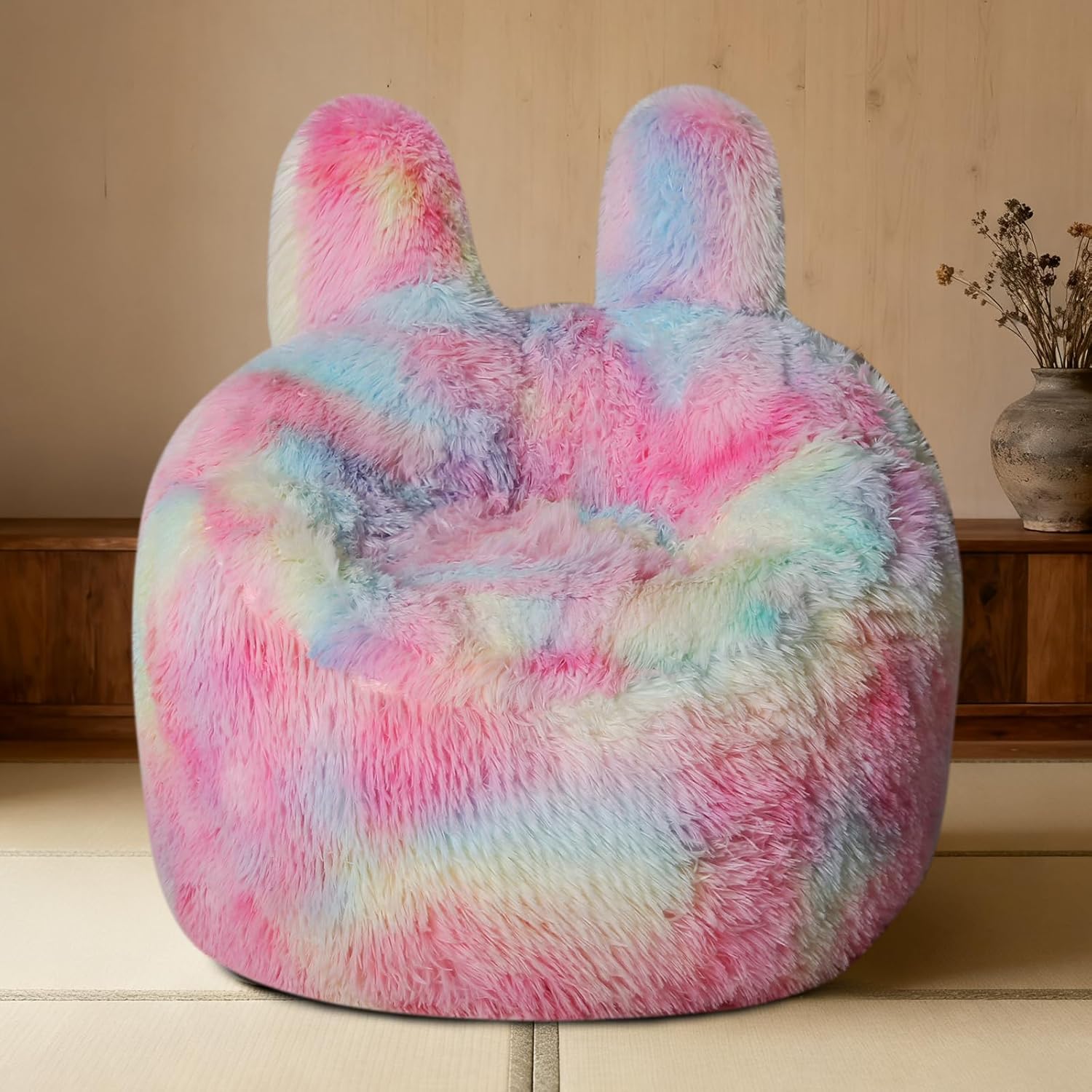 fluffy bean bag chair for kids rainbow, with plush faux fur cover, 2.5ft memory foam bean bag chairs for teens & kids, ultra soft sofa for living room/bedroom/dorm.
