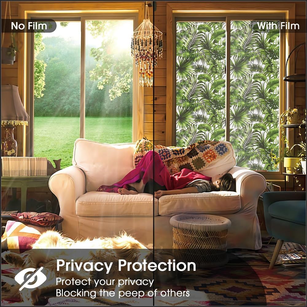 16“x118 Boho Summer Tropical Plants Double Side Window Films Art Decorative Window Privacy Tinting Film Self-Adhesive Static Glass Window Clings Stickers for Living Room Bathroom Glass Windows Decor