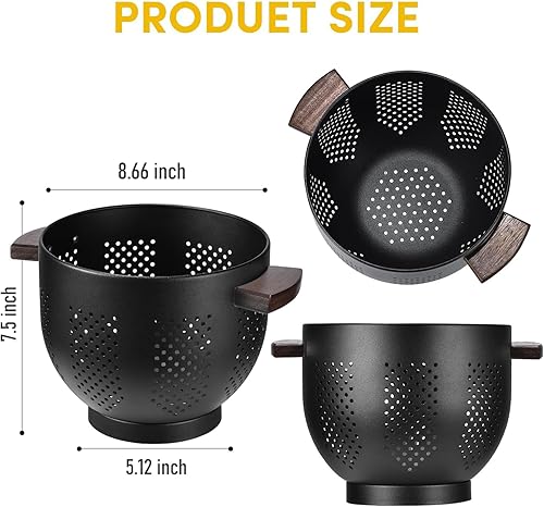 Miniatura 2 de Colador de metal con mango de madera y base autodrenante  Colador grande de pasta de 5.8 cuartos de galón para cocina  Cesta de acero con