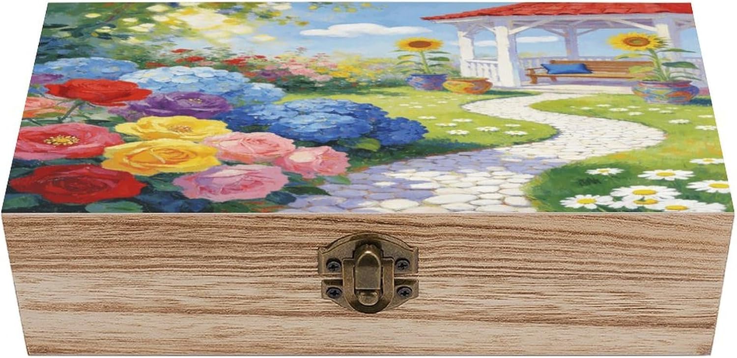 Colorful Garden Wooden Box with Hinged Lid Memory Keepsake Boxes Wood Jewelry Box with Lock Jewellery Organiser & Trinket Holder Decorative Storage Bin Unique Gift Ideas