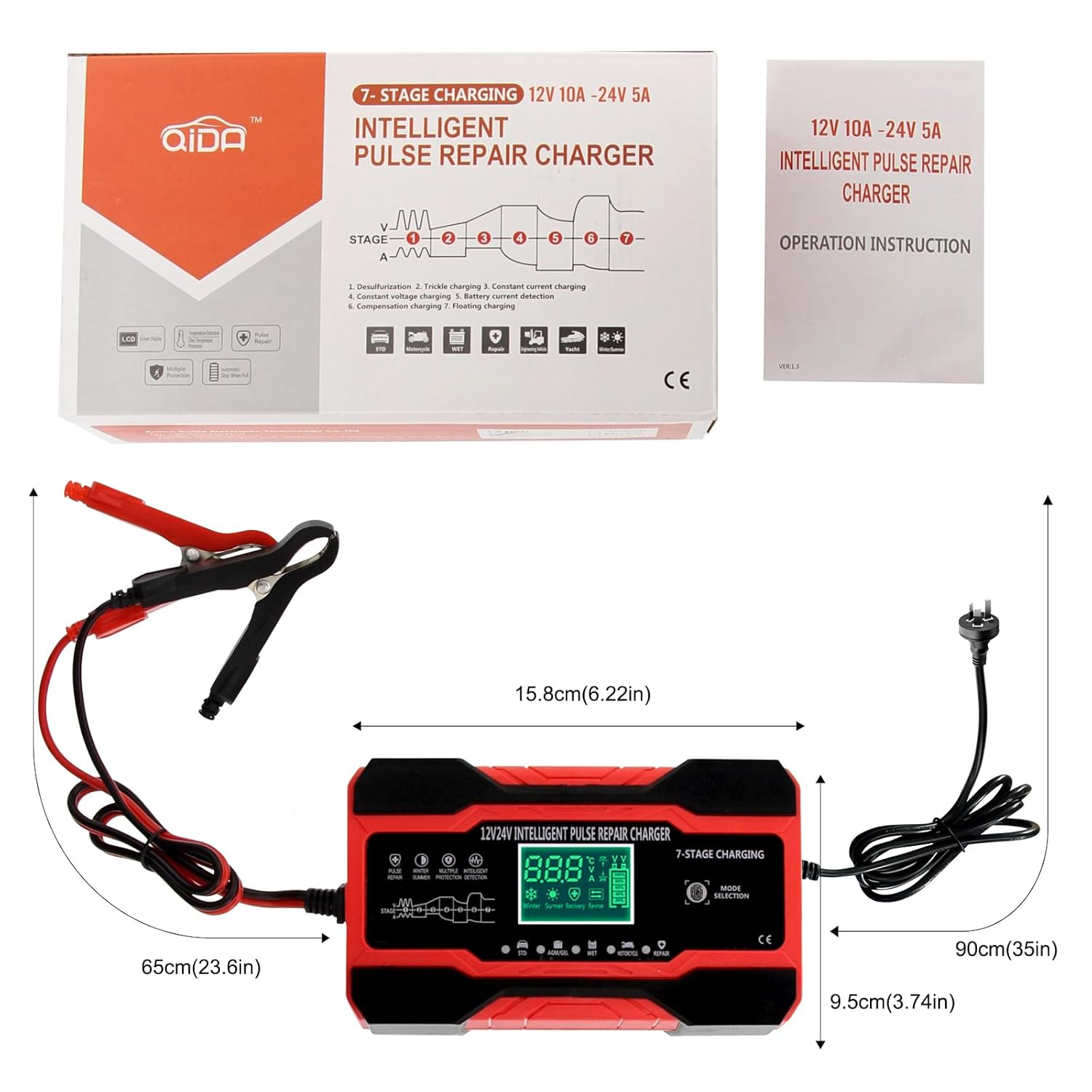 YDBAO Car Battery Charger dimensions and packaging