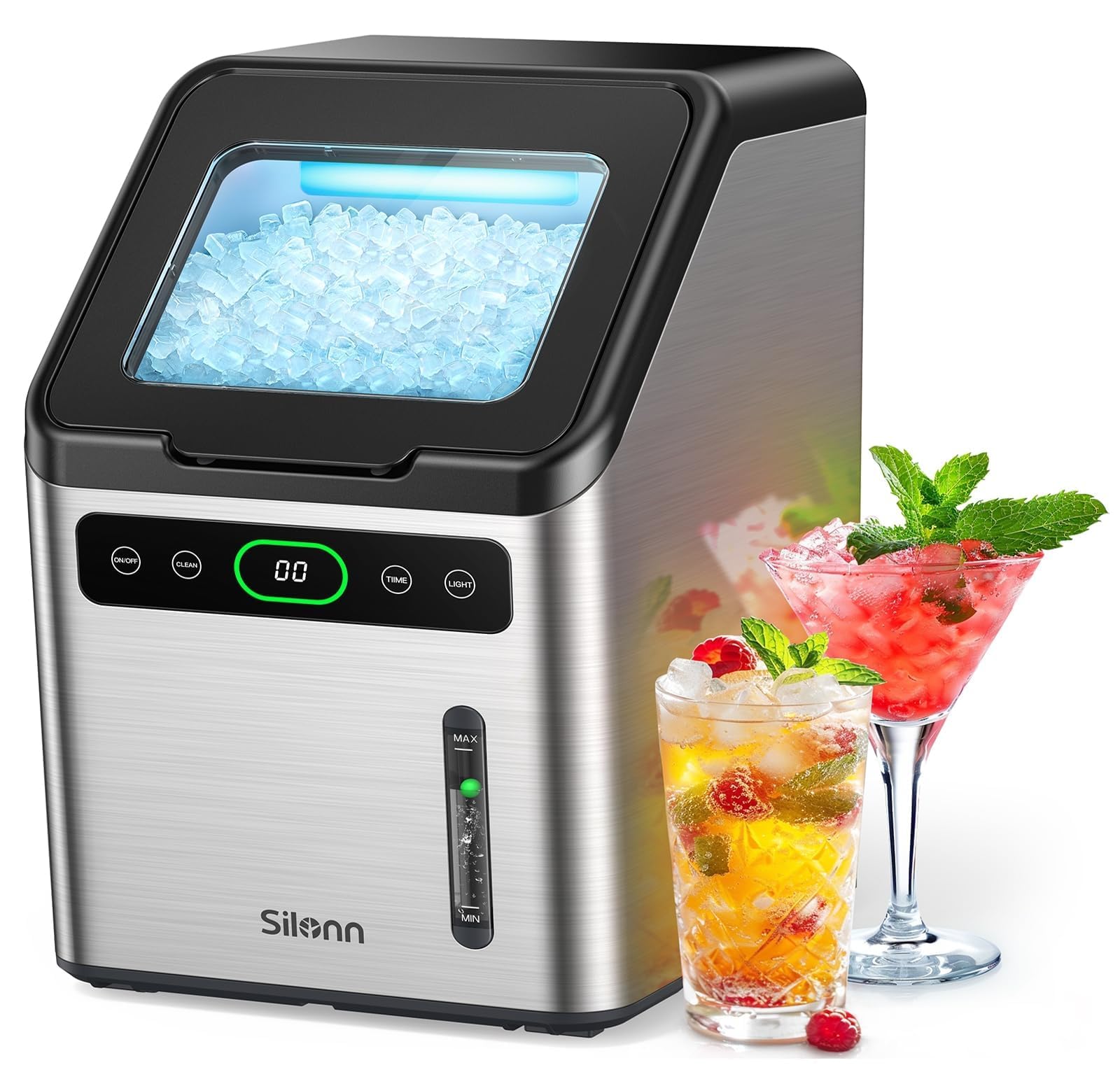 Silonn Nugget Ice Makers Countertop,Timer Pebble Ice Maker with Soft Chewable Ice, 44lbs per Day Ice Machine with Self-Cleaning,One-Click Operation, Stainless Steel