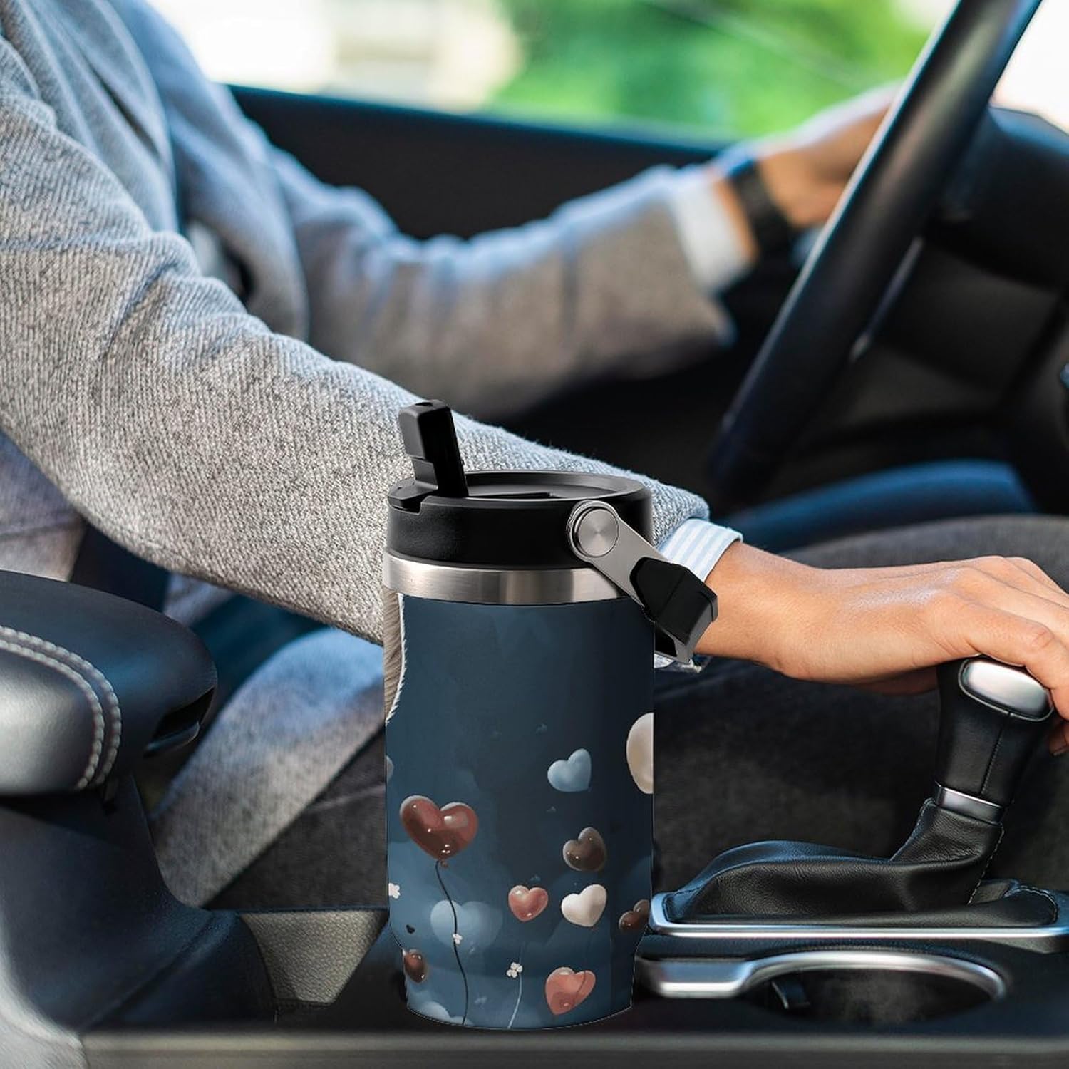 30oz Insulated Tumblers with Top Handle, Stainless Steel Heart Shape And Bunny Car Cup with Straw for Gift, Leak-Proof Double Wall Vacuum Travel Mug, Personalized Water Bottles Black