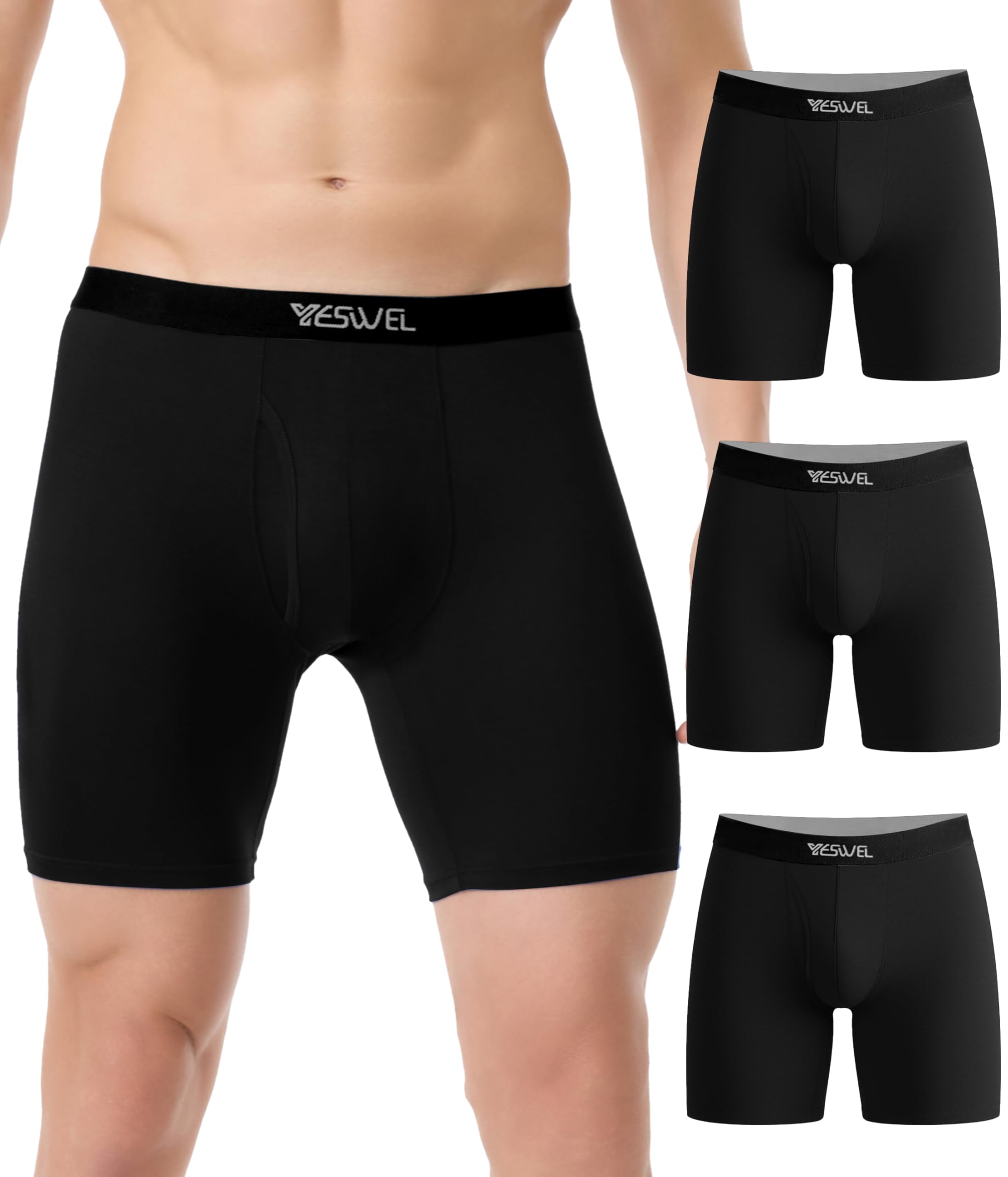 YESWEL Mens Boxers, Modal Boxer Shorts Multipack of 3, Anti Chafing Underwear, Moisture Wicking Breathable Underpants, No Itchy Labels Pants Trunks (3x Black, XL)