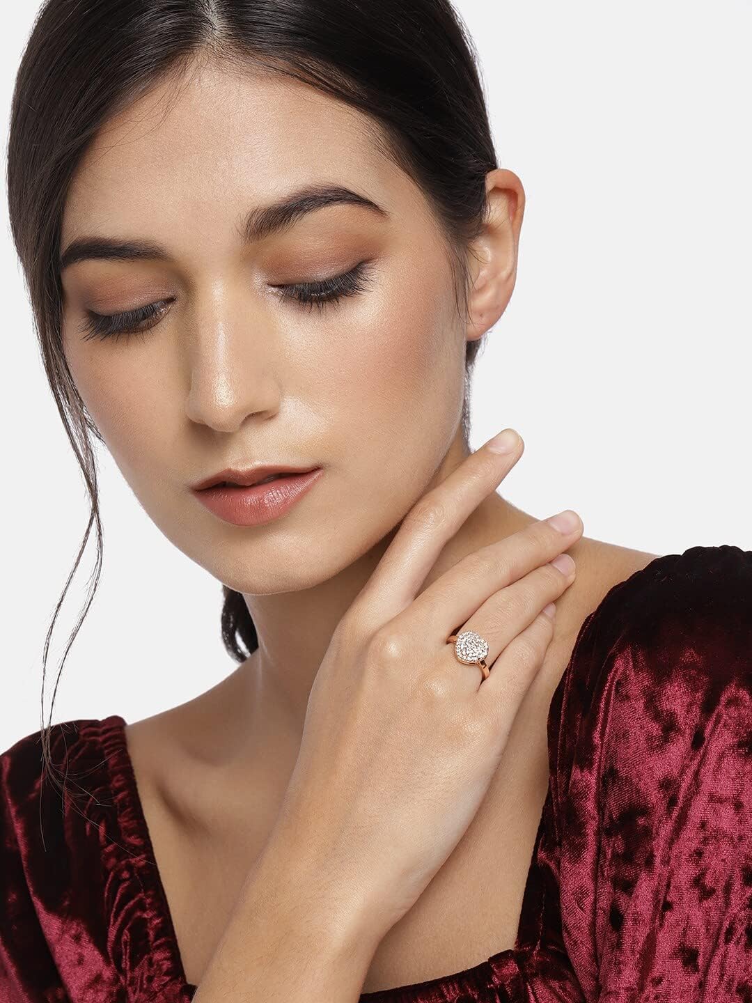 I Jewels Rose Gold Plated Designer Cubic Zirconia Engagement Anniversary Wedding Adjustable Finger Ring for Women and