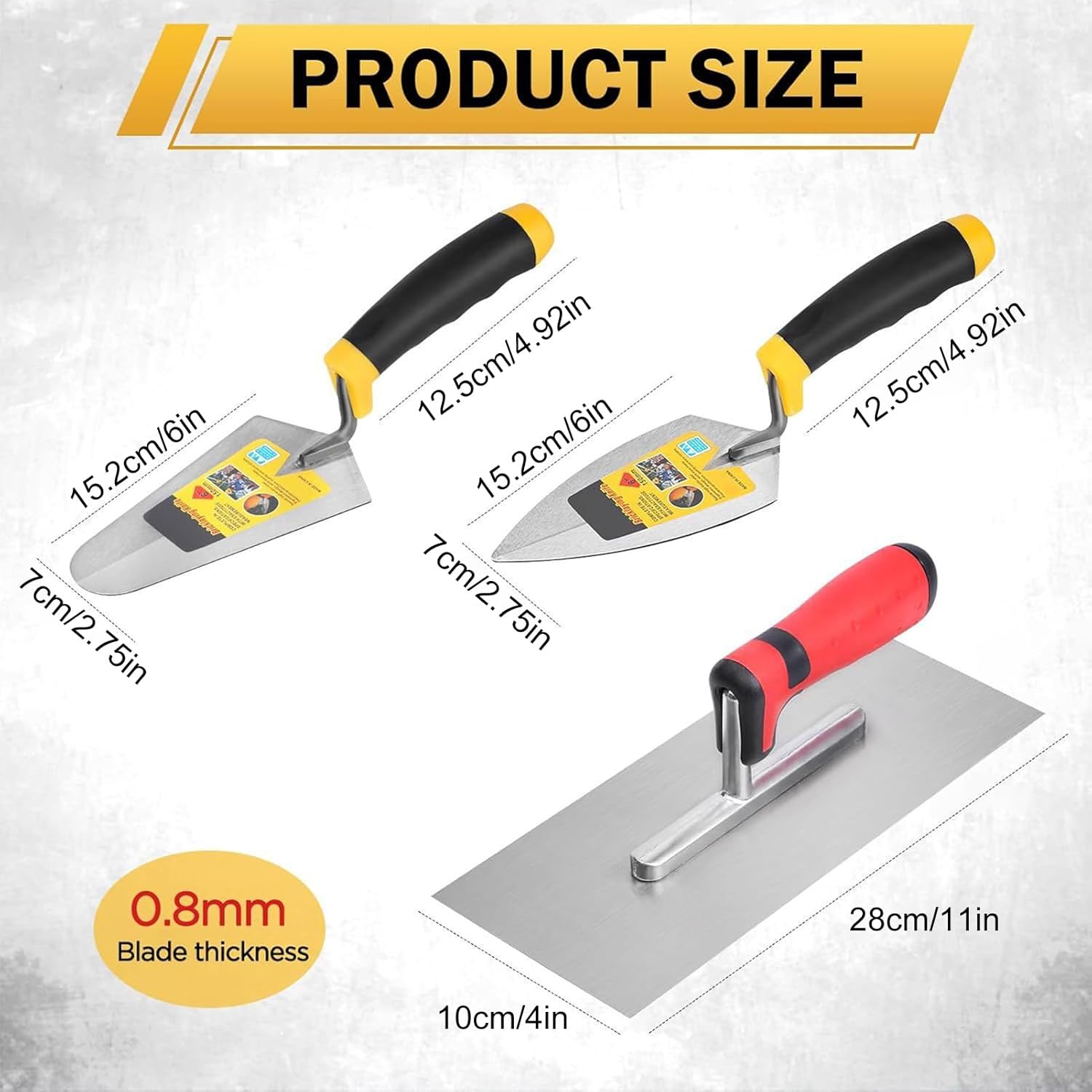 Trowel Masonry – 3 Piece Trowel Set with Soft Grip Handle | Heavy-Duty Building Tools for Construction Repair Mortar Filling Stucco Drywall Tile Brick & Floor Work 10x28cm/3.94x11.02in