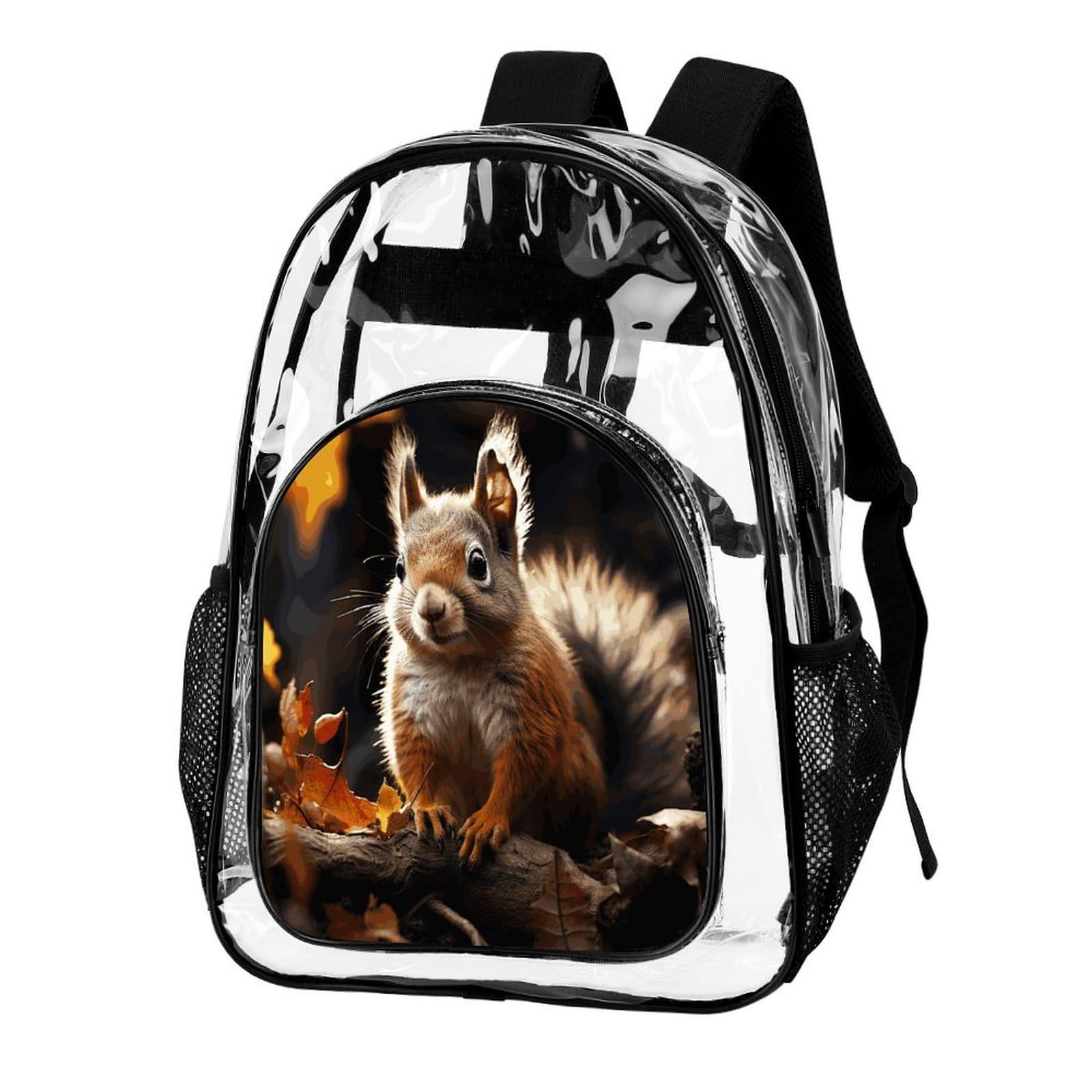 Squirrel in The Woods Transparenter Rucksack, groß, transparent, PVC, Büchertasche für Sicherheit, Arbeit, Reisen, Stadion