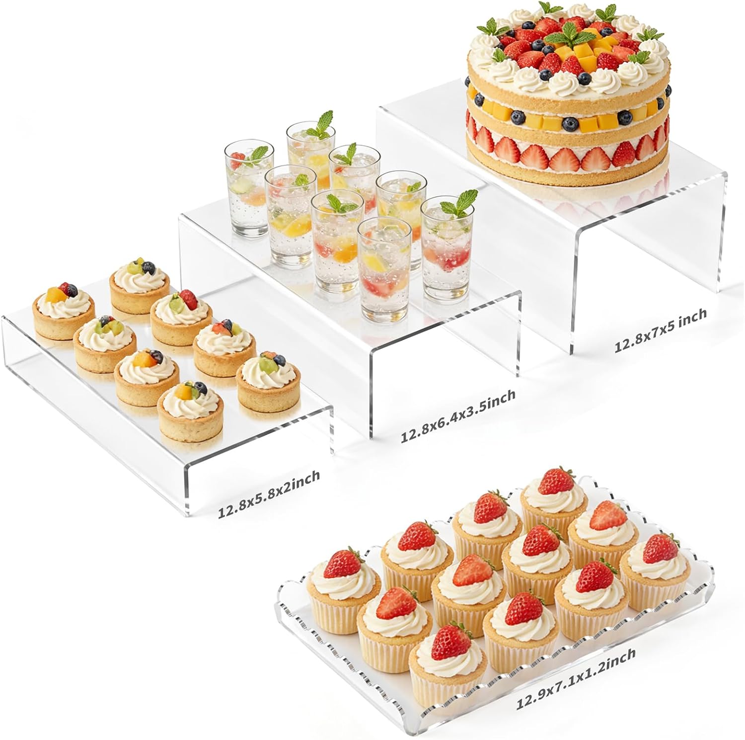 Acrylic Buffet Risers, Food Risers for Buffet Table, Clear Acrylic Risers Display Stand with U Shaped for Catering Supplies, Scalloped Acrylic Serving Tray for Cupcake, Dessert and Party (Clear 4 PCS)