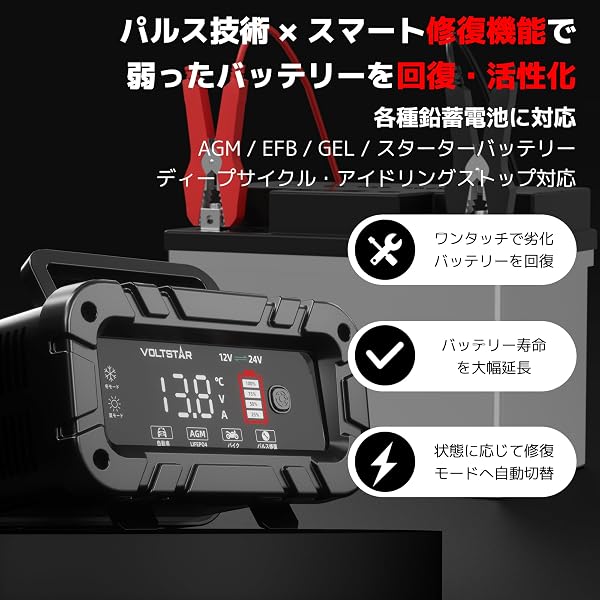 VOLTSTAR 12V 20A バッテリー充電器 車 バイク バッテリーチャージャー 24V10A パルス充電器 12V 24V 自動判別 スマート充電器 酸鉄リチウム 鉛酸電池対応 AGM GEL EFB LiFePO4 サルフェーション除去 パルス修復 多段階充電 全自動 LCD トラック 農機 - 4
