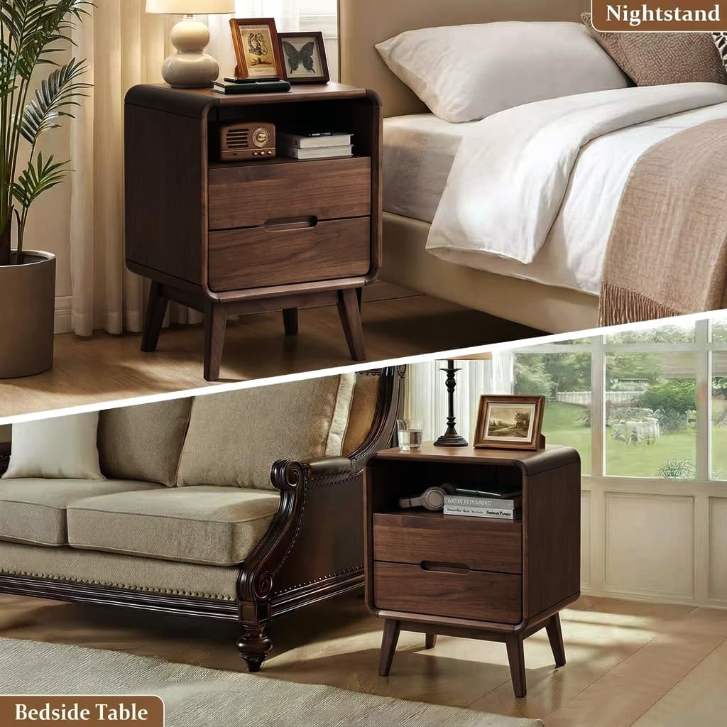 Walnut Nightstand Set of 2, Solid Wood Nightstand with Drawers & Open Storage Shelf, Mid Century Modern Nightstands, Wood End Table for Bedroom, (Dark Black Walnut, 23.23" H)