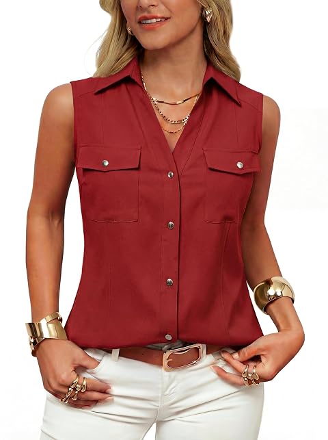 GRACE KARIN Women Sleeveless Button Down Shirts Summer Solid Dressy Casual Blouse V Neck Tank Top Business Work