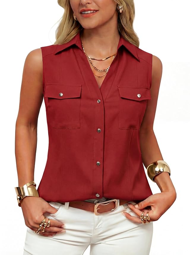 GRACE KARIN Women Sleeveless Button Down Shirts Summer Solid Dressy Casual Blouse V Neck Tank Top Business Work
