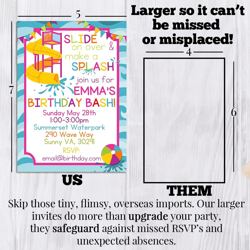 Custom Birthday Invitations Waterslide Girls Party Invitations 20 5x7 Custom Girl Waterslide Summer Fun Birthday Invitation Cards With Envelopes - Unique Summer Party Invites