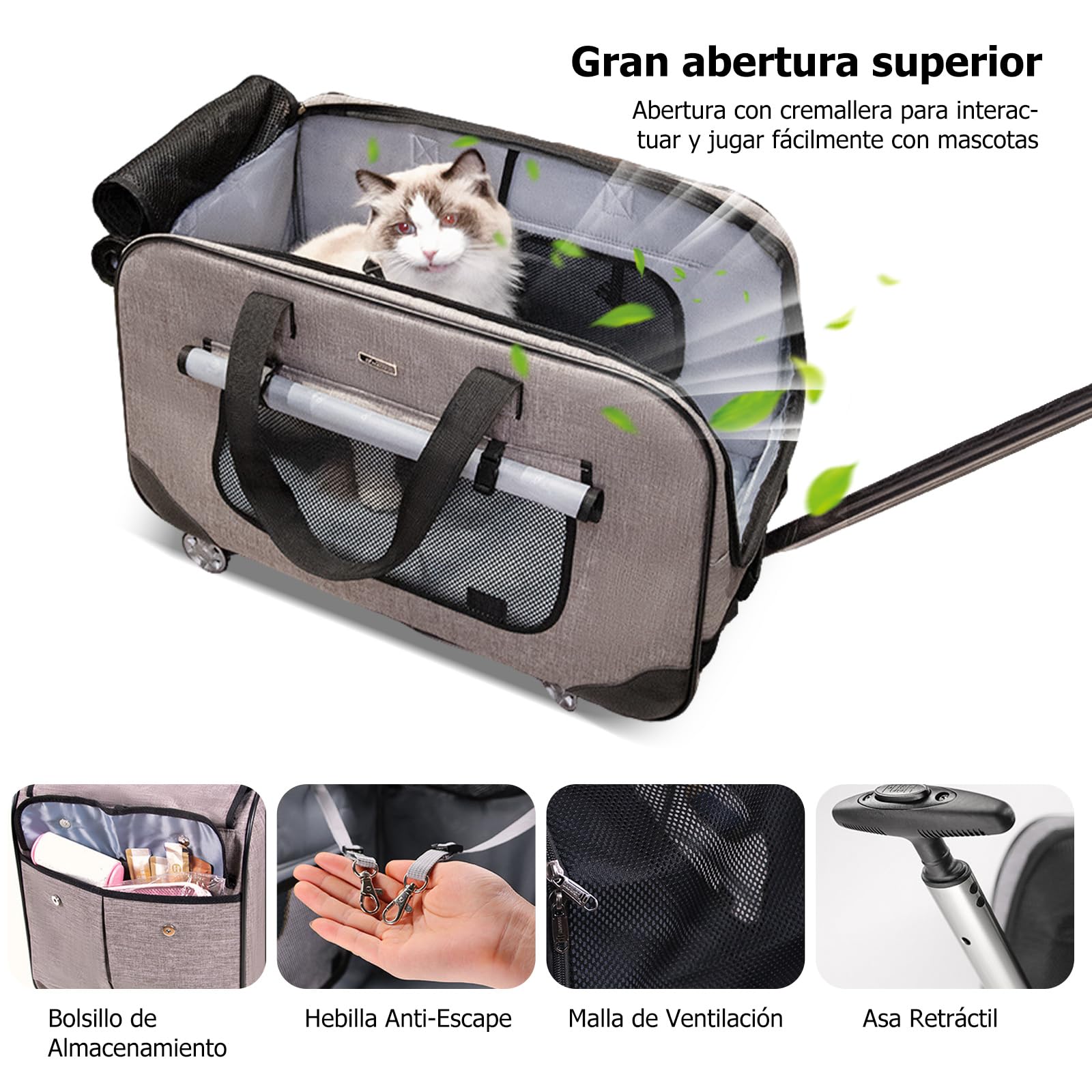 PETCUTE Transportín para Mascotas con Ruedas y Asa Telescópica,Plegable Bolso de Transporte para Gatos y Perros con Alfombrilla Extraíble,Cinturón de Seguridad,Transportín Gato,Carga Máxima 17.5kg