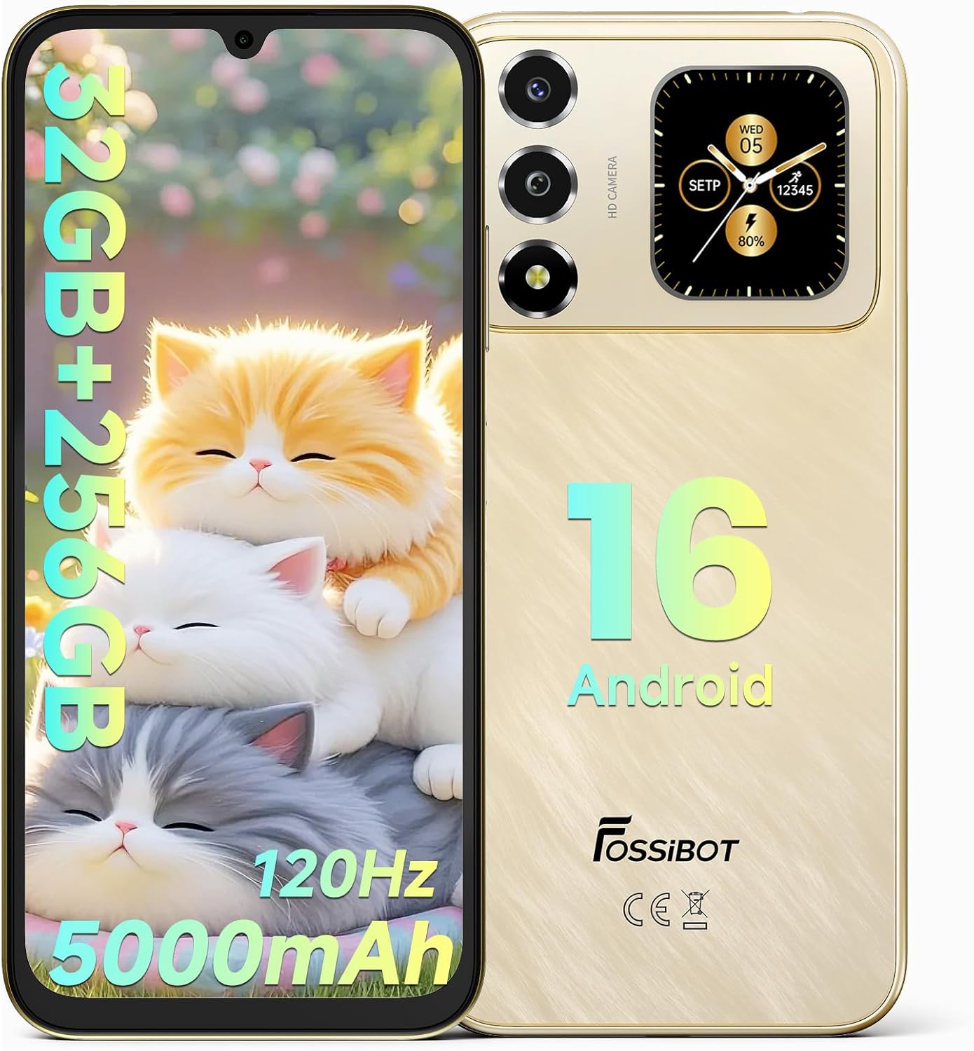 FOSSIBOT S7 Android 16 CellPhones, 32GB+256GB+2TB Unlocked Phone, 6.9″ FHD Display 120Hz Dual-Screen Smartphones, 5000mAh Battery 4G Dual Sim Mobile Phone (Gold)