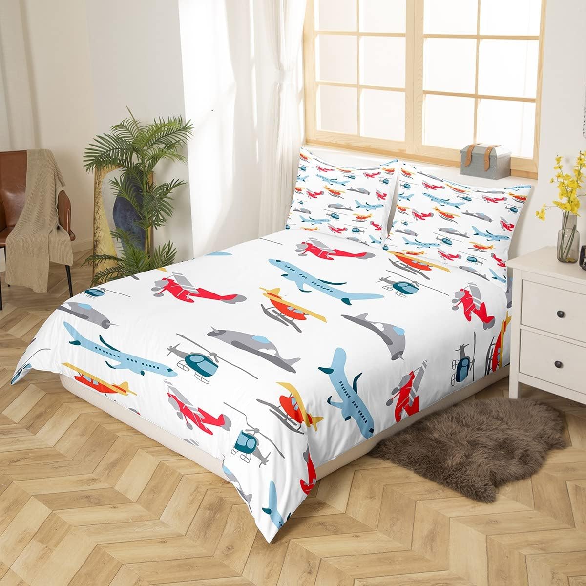 Feelyou Cartoon Airplane Duvet Cover Full Size Aircraft Race Vehicles Comforter Cover Aircraft Flying Bedding Set White Blue Bedspread Cover for Kids Boys Girls Adults with 2 Pillow Case