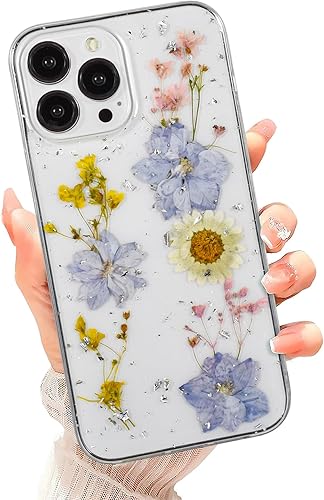 Funda para iPhone 13 Pro Max con estampado floral real, bonita funda hecha a mano con flores secas y brillantes, a prueba de golpes, suave, delgada,