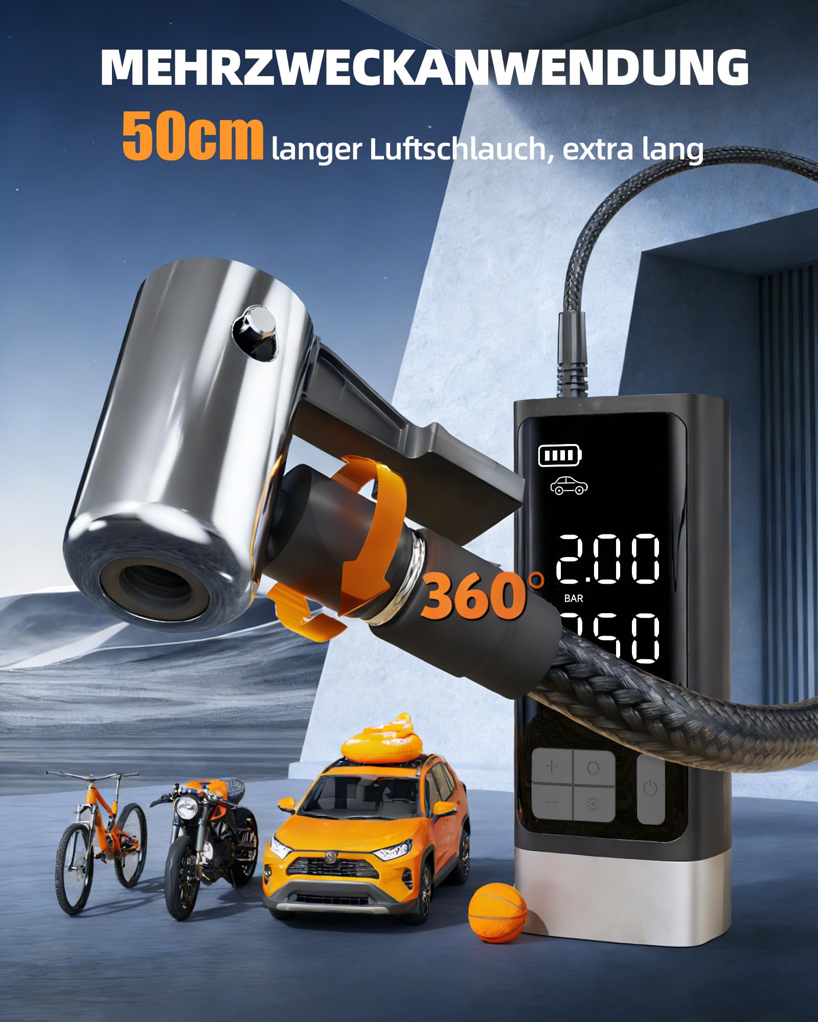 Tragbarer Luftkompressor 150PSI, Doppelzylinder-Luftpumpe mit Akku und 12V DC, Kompressor mit LED-Beleuchtung und automatischer Stoppfunktion für Auto, Pickup und Motorrad und Fahrrad