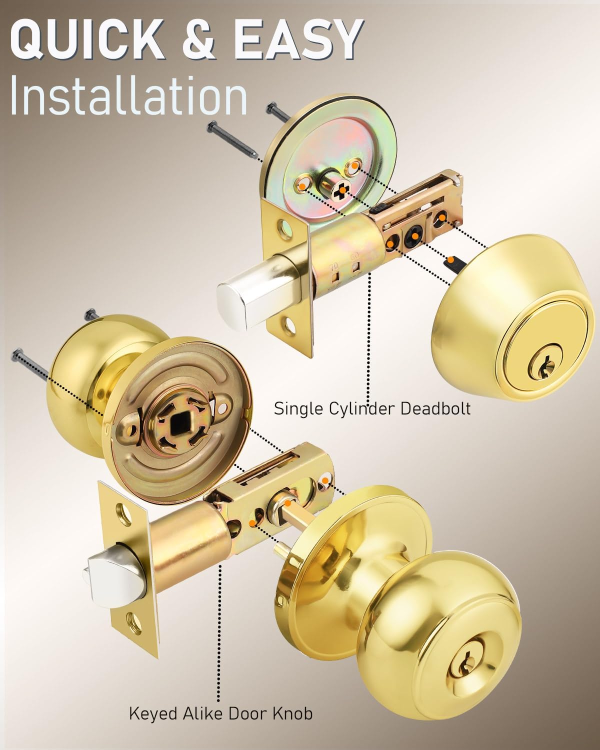 1 Pack Keyed Alike Front Door Knob and Deadbolt Set, Entry Door Locksets with Single Cylinder Deadbolt, Polished Brass Flat Round Door Lock Set for Bedroom/Office/Exterior Doors