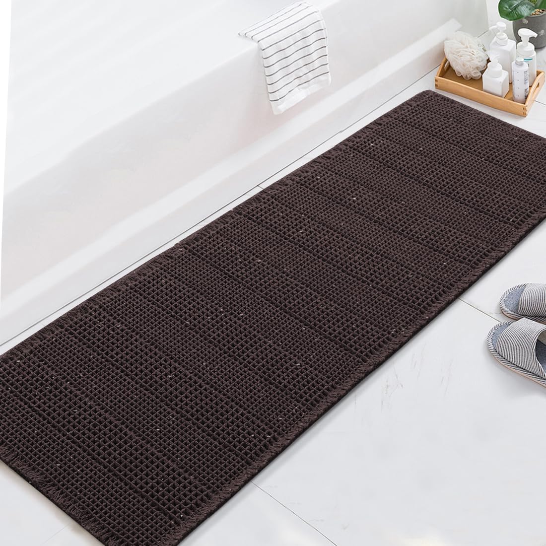 H.VERSAILTEX Upgraded Waffle Runner Rug Super Absorbent Non Slip Bath Rugs for Beside Tub, 24" x 72", Chocolate