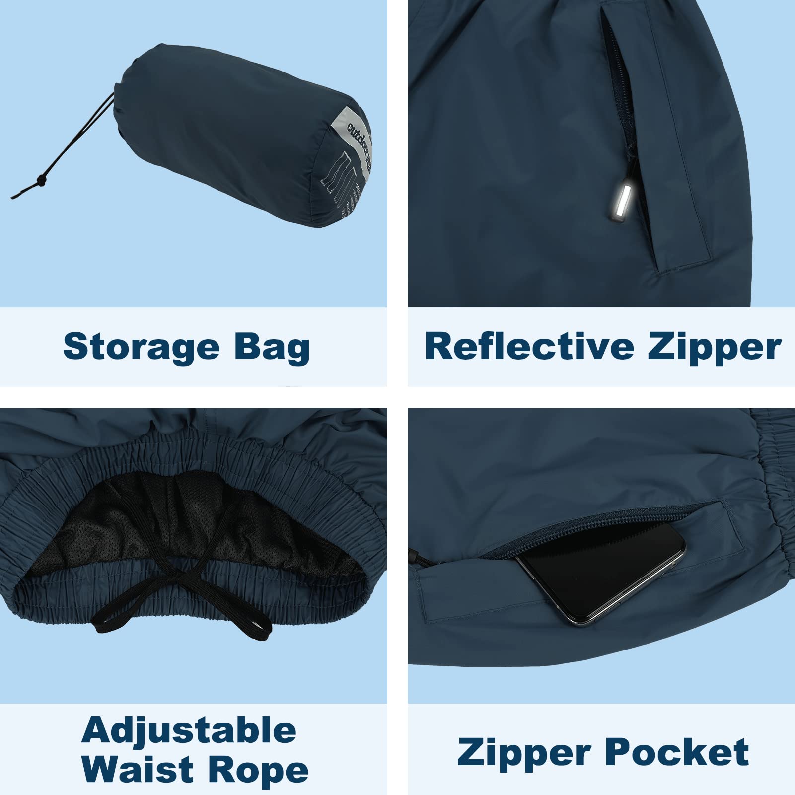 Outdoor Ventures Pantalon de pluie pour femme, imperméable, respirant, doublé, coupe-vent, pliable, pantalon softshell léger pour la randonnée et le vélo, bleu moyen, 34
