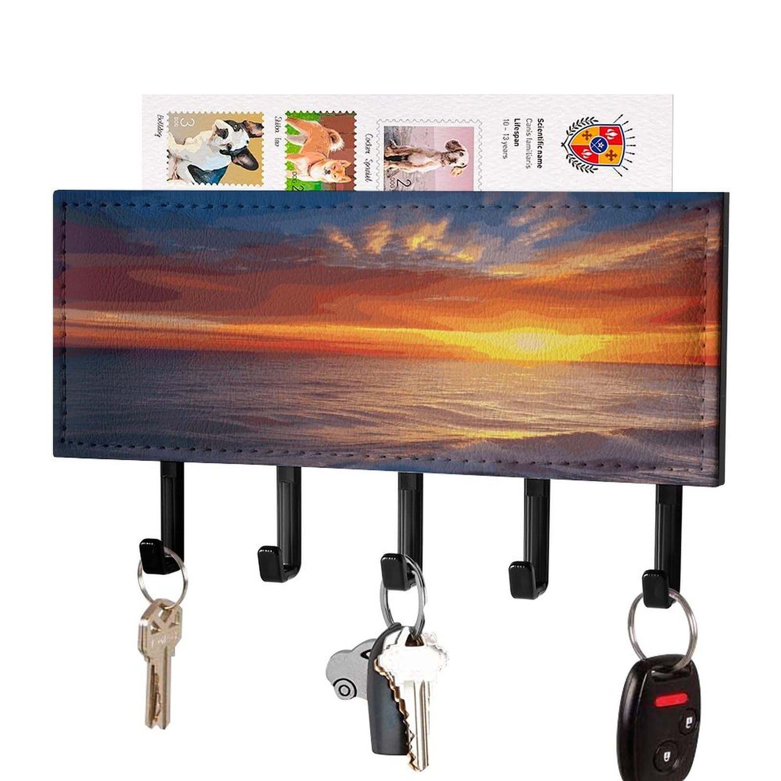 Fekiloot Black-Style Sea And Sunset Key Holder For Wall Decorative Mail Organizer With 5 Key Hook Self Adhesive Key Rack With Tray Coat Rack Wall Mount Key Hanger Decor For Entryway Door