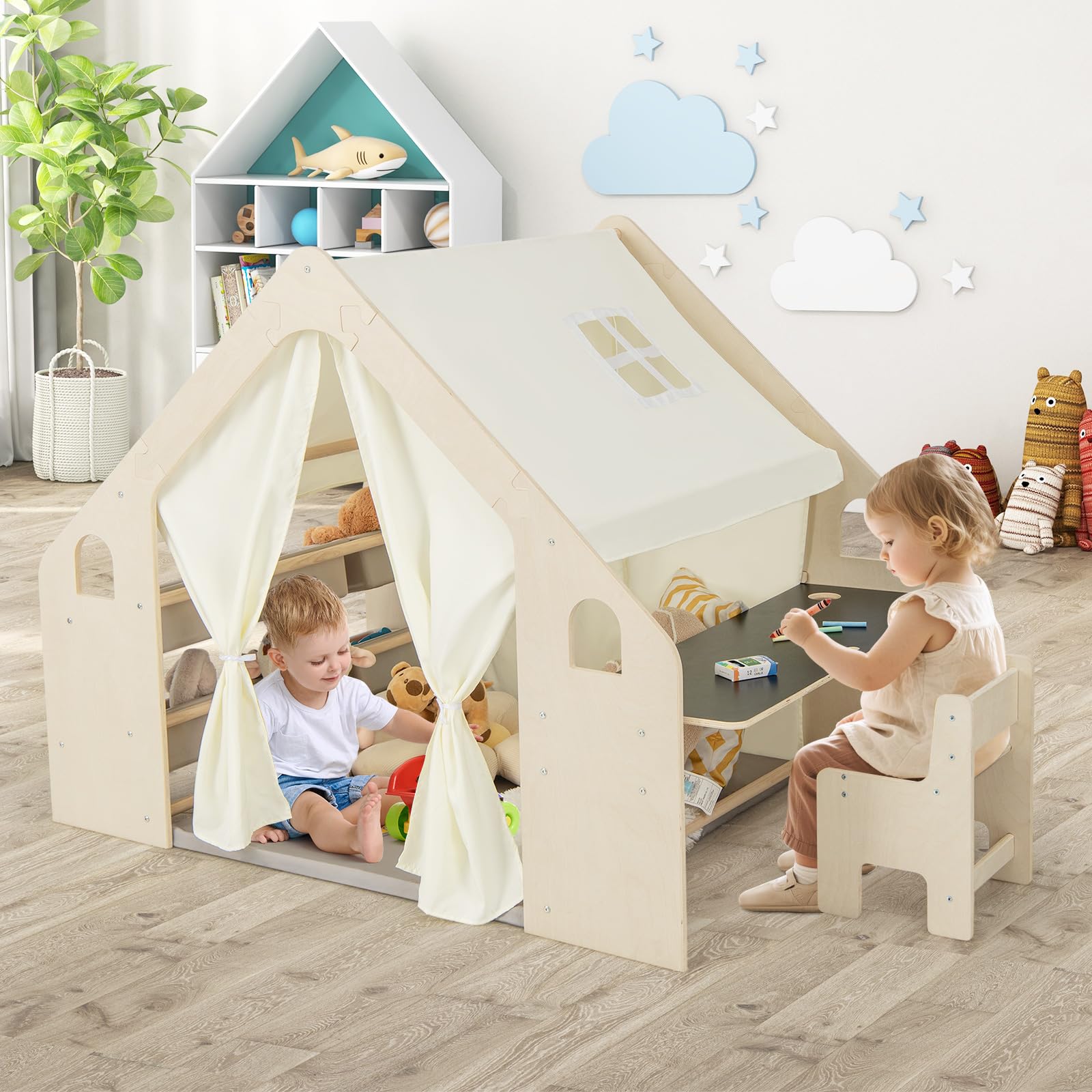 GOPLUS Tienda de Campaña de Madera para Niños de 2-6 Años, Tienda de Juego 6 en 1 con Mesa y Silla Infantil de Altura Ajustable con Pizarra, Colchón de Espuma, 6 Cajas para Juguetes, Carga Máx 60kg