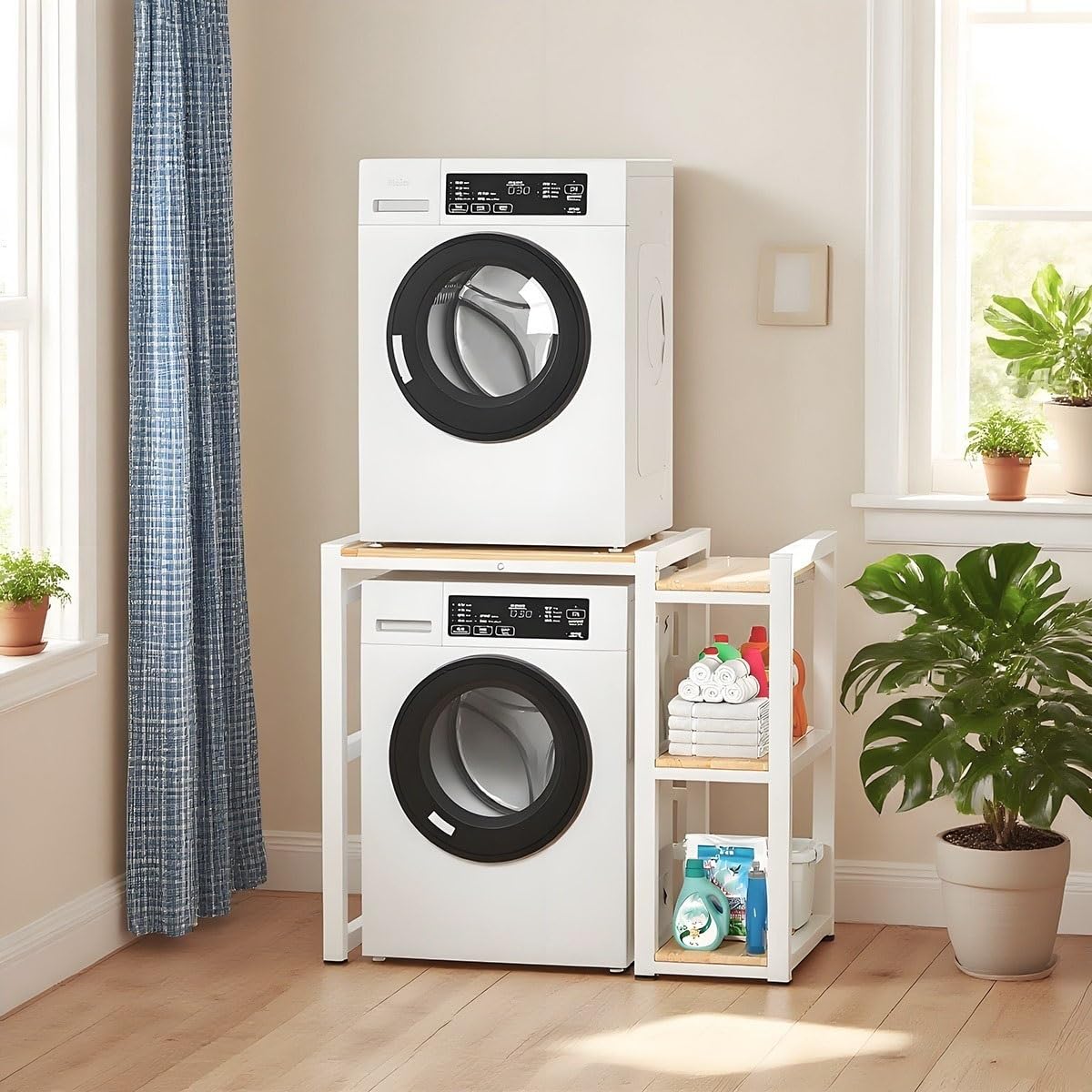 Waschmaschinenregal für Trockner mit Seitlichem Ablagefach, Regal über Waschmaschine, Höhenverstellbar, Waschmaschinenschrank mit Trockner für Badezimmer, Küche & Waschküche(White)